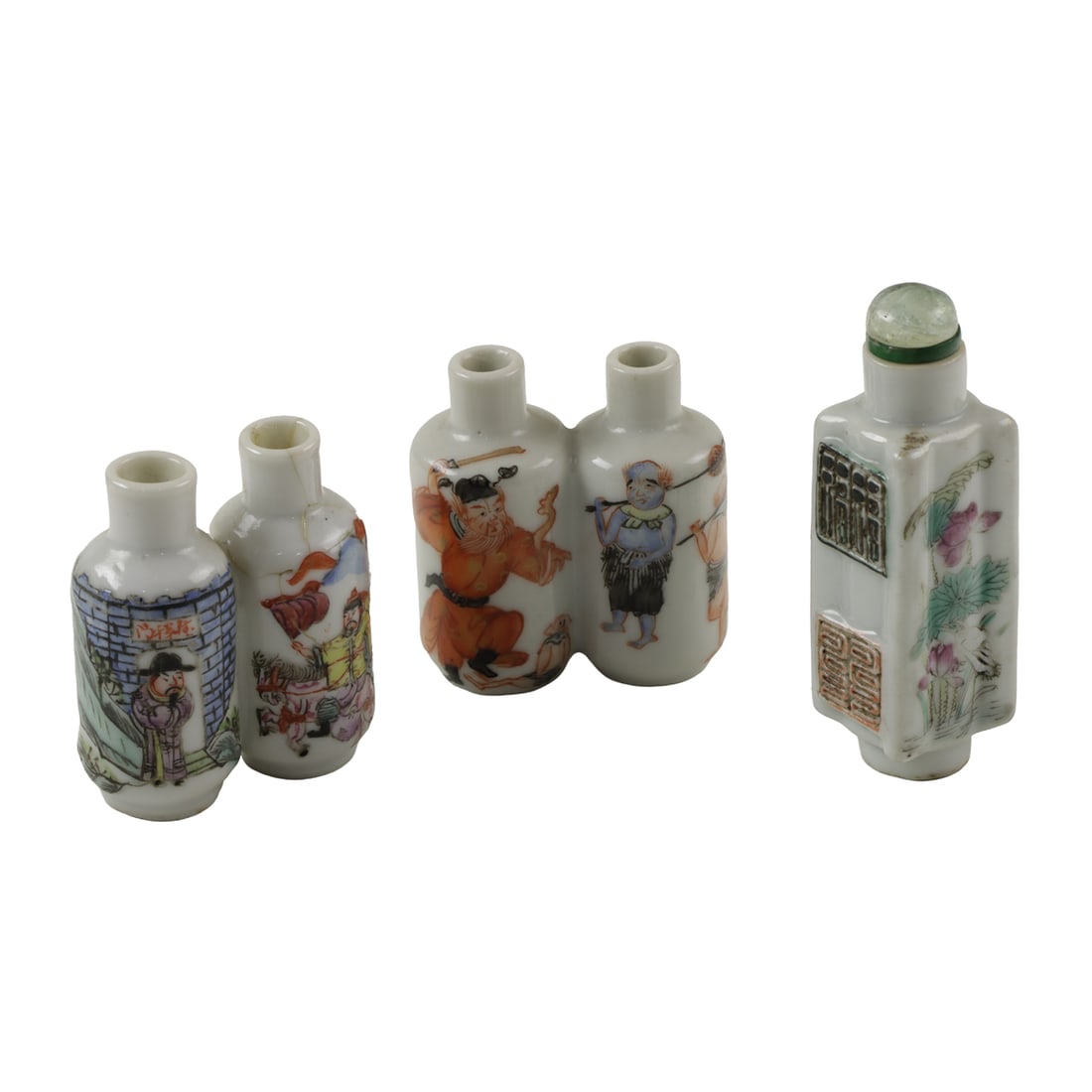 (lot of 3) Chinese famille rose snuff bottles: (lot of 3) Chinese famille rose snuff bottles. Featuring lotus and figural motif, 19th century, from 1.875" to 2.75" high.