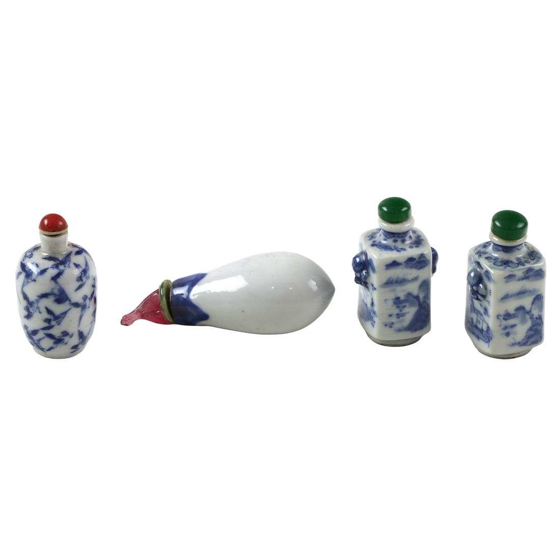 (lot of 4) Chinese blue and white snuff bottles: (lot of 4) Chinese blue and white snuff bottles. 19th century, from 2.125" to 3.25" high