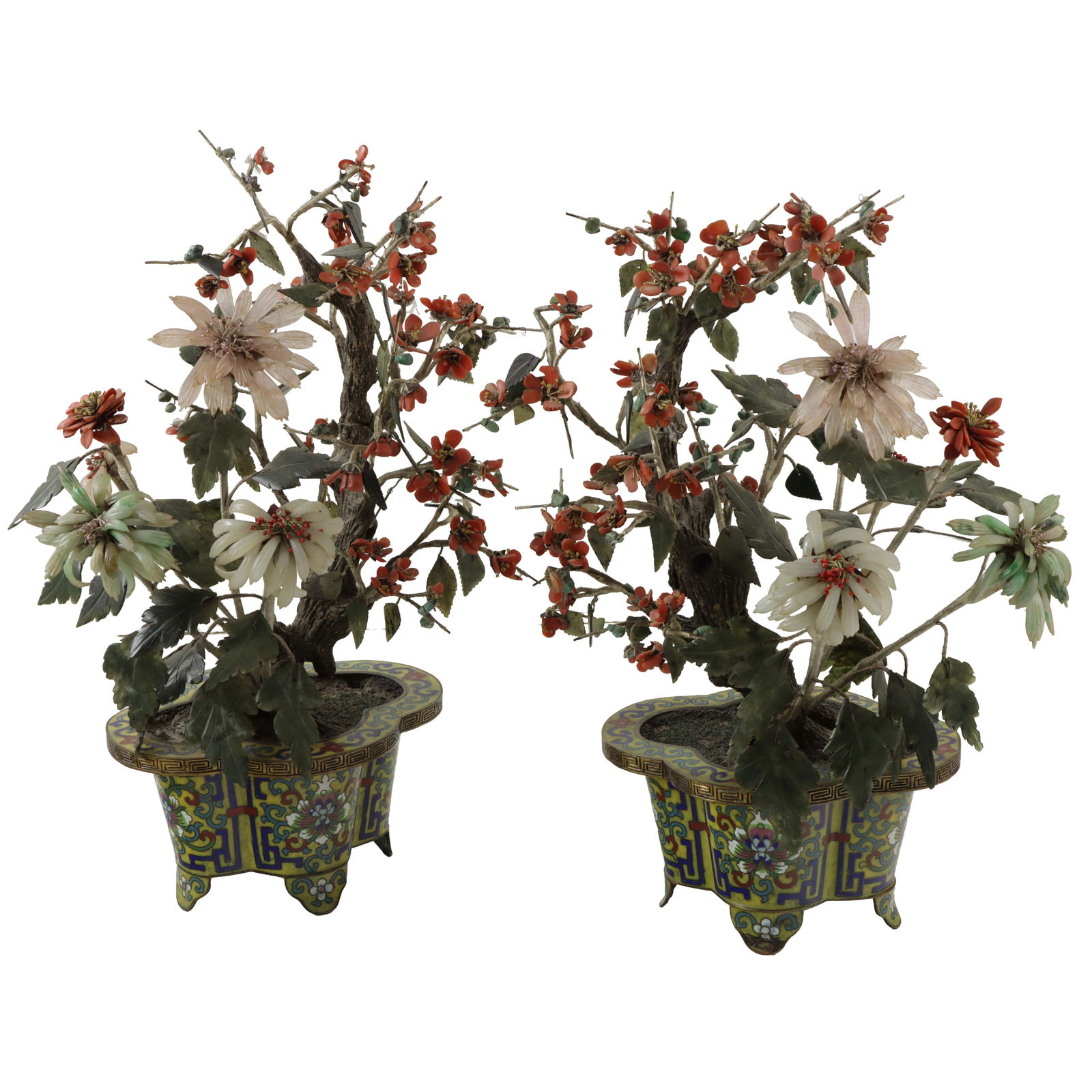 A pair of Chinese hardstone, coral and cloisonne bonsai trees: A pair of Chinese hardstone, coral and cloisonne bonsai trees. Republic period, 14" high.