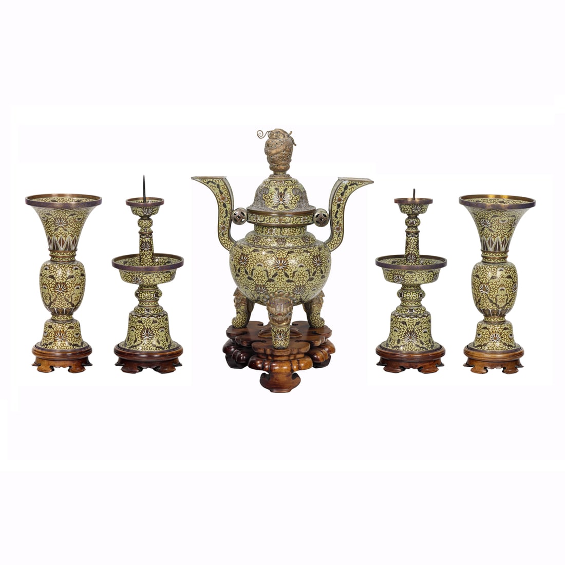A Chinese five-piece cloisonne enamel altar service: A Chinese five-piece cloisonne enamel altar service. Featuring scrolling lotus blossoms and foliate motifs reserved on yellow ground, Republic period, from 17.375" to 21" high excluding stand.