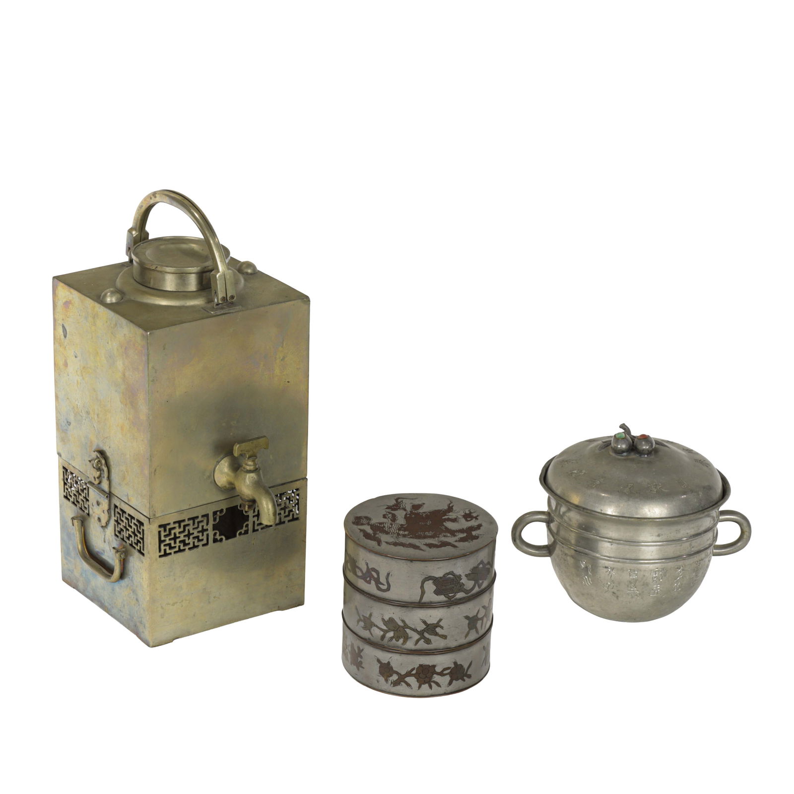 (lot of 3) Chinese pewter and brass vessels: (lot of 3) Chinese pewter and brass vessels. Comprising two pewter containers and a yellow brass tea dispenser, Republic period, from 4" to 10" high.