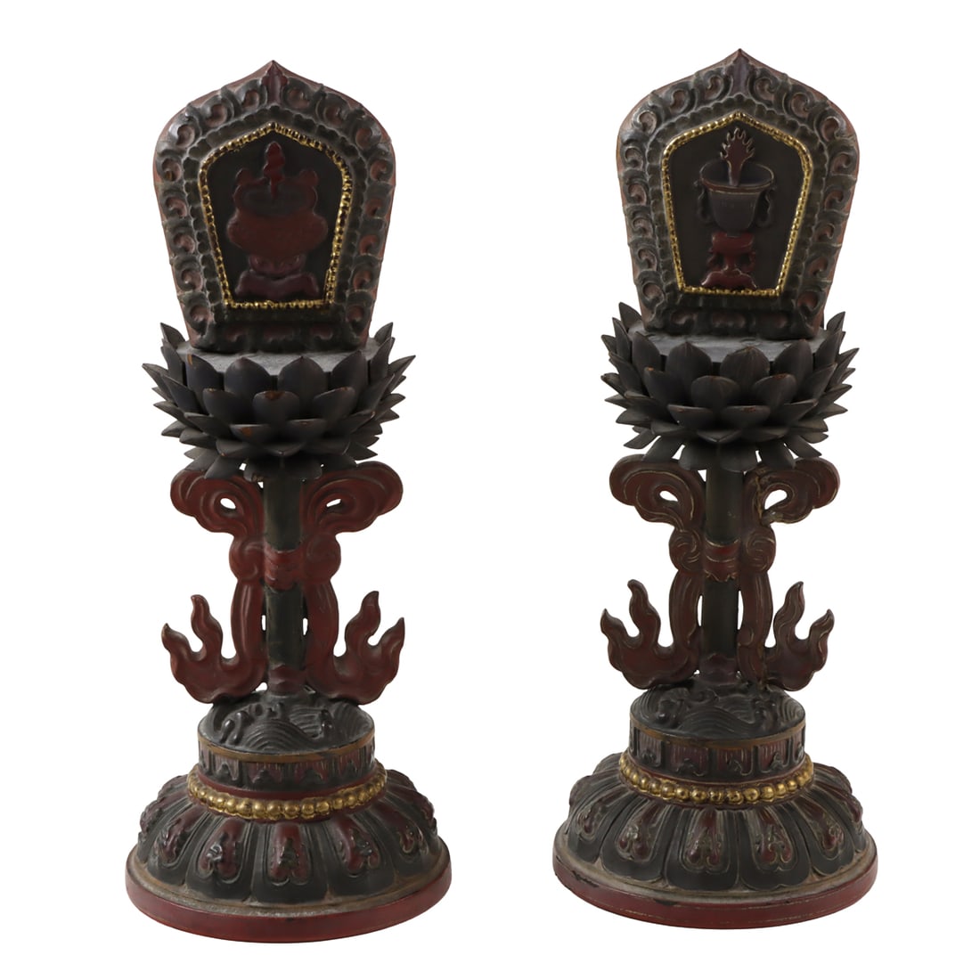 (lot of 2) Tibetan lacquered Buddhist altar pieces: (lot of 2) Tibetan lacquered Buddhist altar pieces. 19th century, 10.5" high.