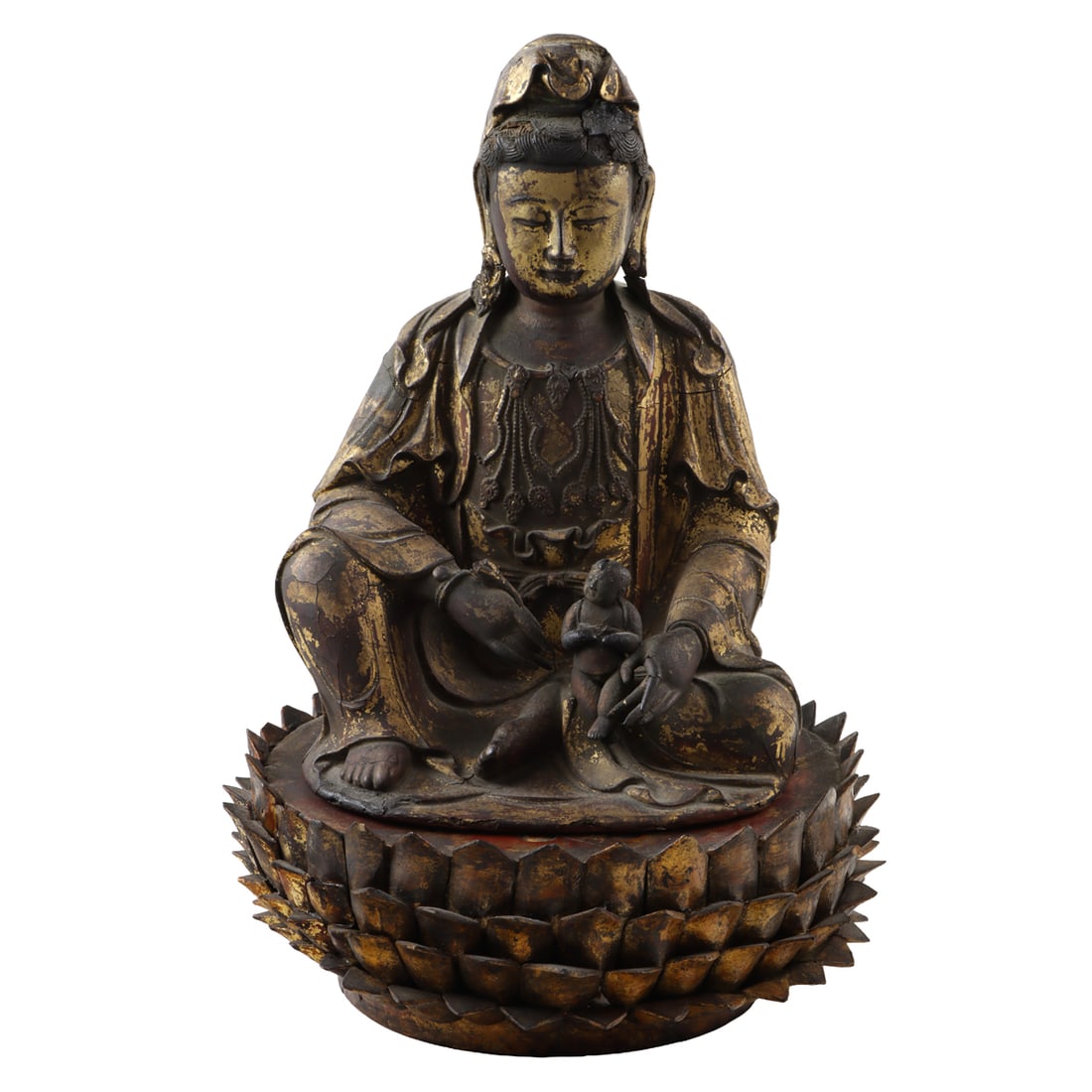 A Chinese gilt lacquered figure of Guanyin and lotus base: A Chinese gilt lacquered figure of Guanyin and lotus base. Qing dynasty, 12,375" high.