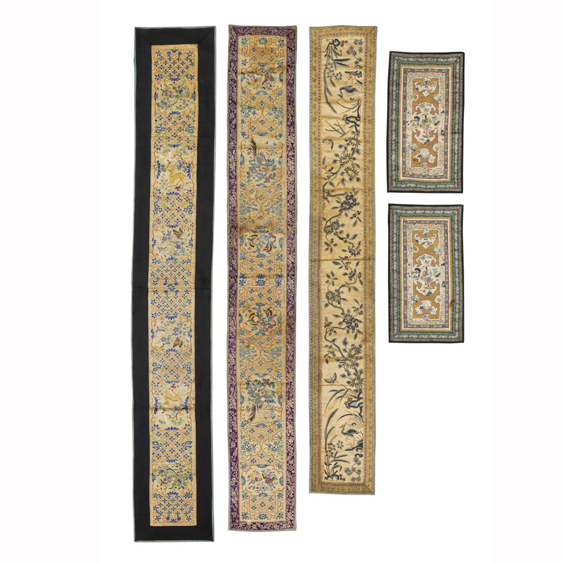 Four pairs of Chinese embroidered sleeve bands: Four pairs of Chinese embroidered sleeve bands. Depicting figural, deer, phoenix, and floral design, from 11.875"h x 6.625"w to 41"h x 6"w.
