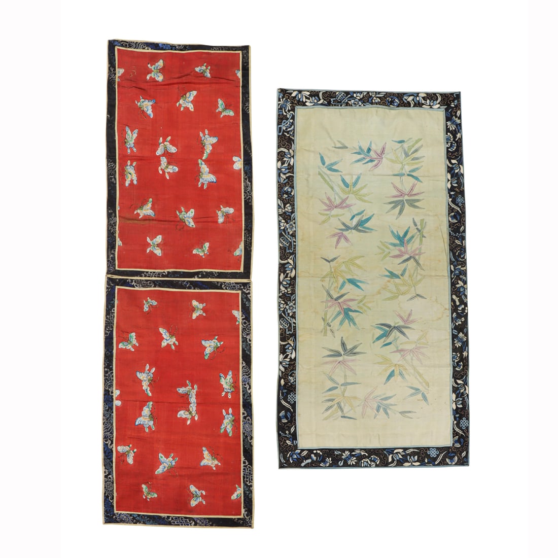 (lot of 2) Chinese kesi panels: (lot of 2) Chinese kesi panels. Comprising a red-ground butterfly panel, and a green ground bamboo panel, from 13"h x 43.75"w to 34.275"h x 16.25"w.