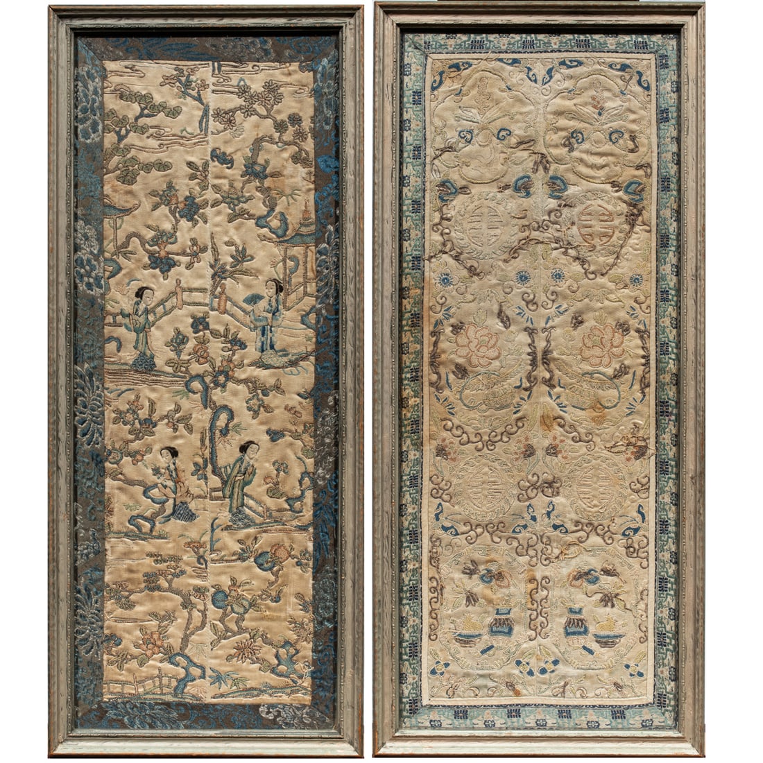 Two pair of Chinese embroidered sleeve bands: Two pair of Chinese embroidered sleeve bands. Comprising one with auspicious motif, and one depicting figures in the garden setting, framed and glazed, 20.375"h x 7.625"w