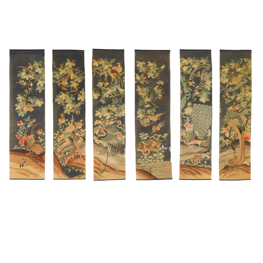 (set of 6) Chinese kesi woven panels: (set of 6) Chinese kesi woven panels. Depicting birds and floral design, 68.75"h x 9.75"w largest.