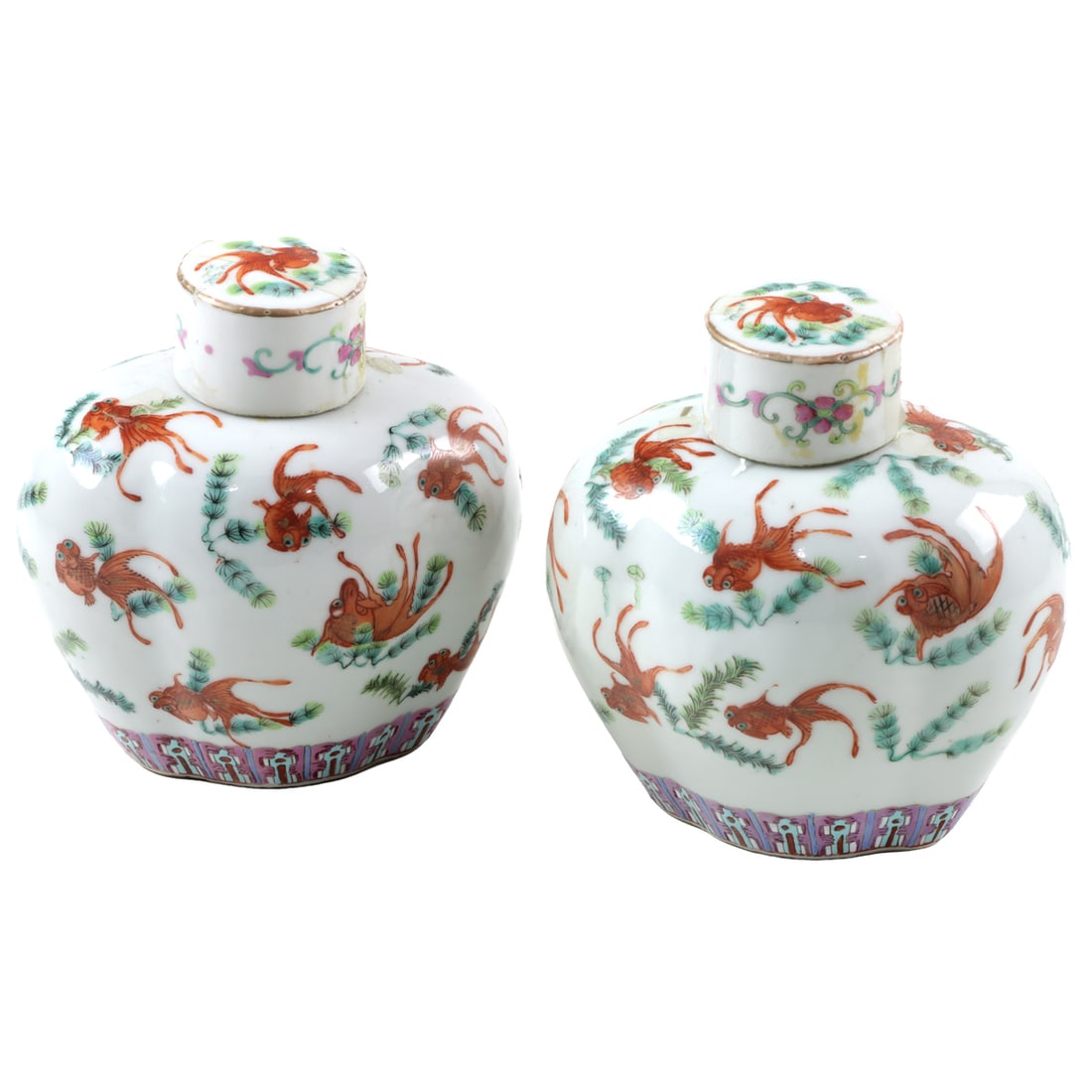 (lot of 2) Chinese famille rose 'goldfish' tea caddies: (lot of 2) Chinese famille rose 'goldfish' tea caddies. Late 19th century, 6.125" high.