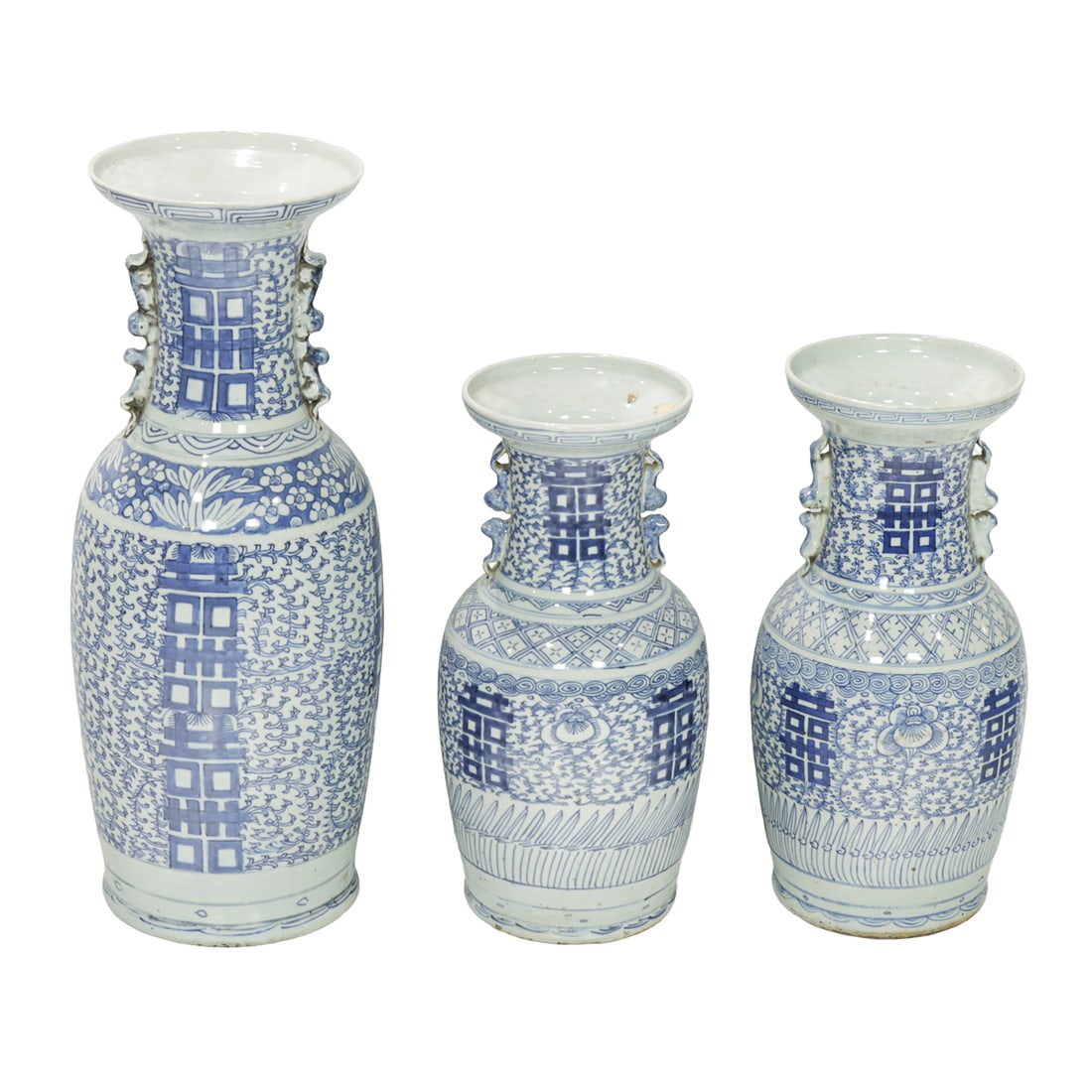 (lot of 3) Chinese blue and white 'double happiness' vases (1 of 3)
