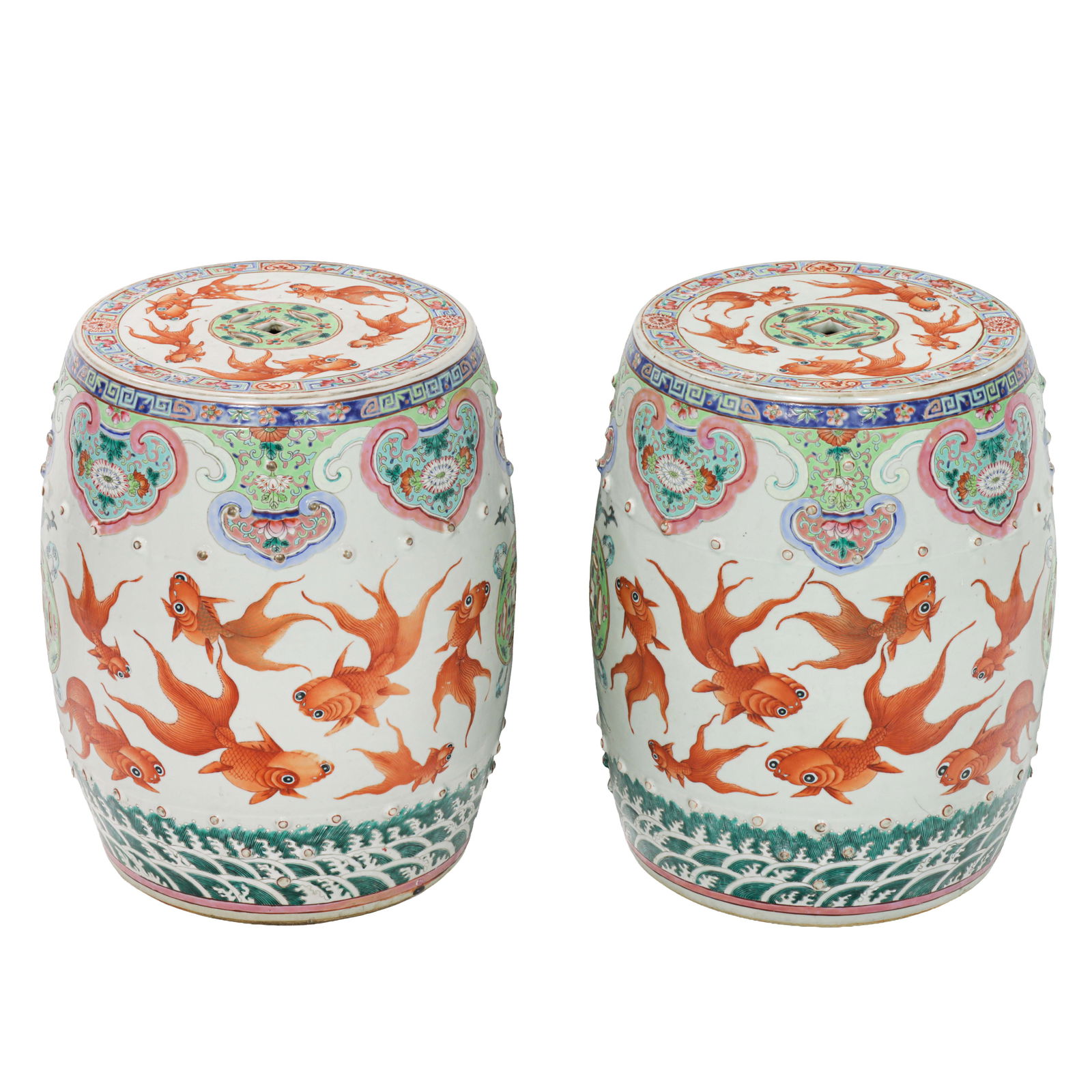 A Pair of Chinese famille rose 'gold fish' garden seats (1 of 4)