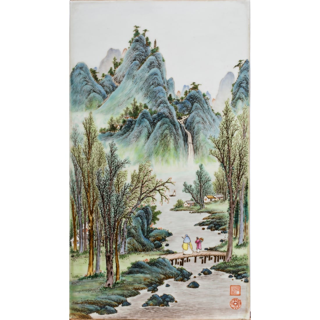 A Chinese famille rose 'landscape' porcelain plaque by Wang Yeting: A Chinese famille rose 'landscape' porcelain plaque by Wang Yeting. Depicting continuous mountainous river landscape, showing the Huairen tang seal above artist's seal, Republic period, 17.375"h x 9.7