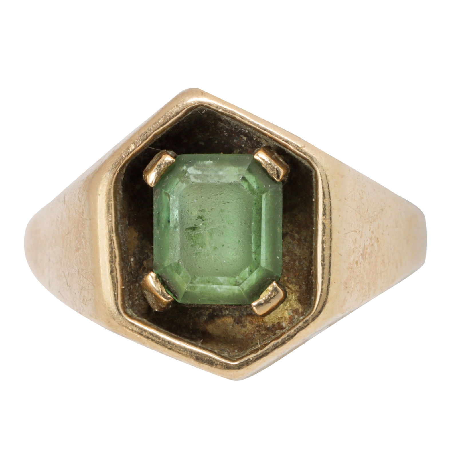 A topaz and 14k gold ring: A topaz and 14k gold ringSet with an emerald-cut green-blue topaz measuring 7.00 x 6.24 mm; size 8; 9.10 grams