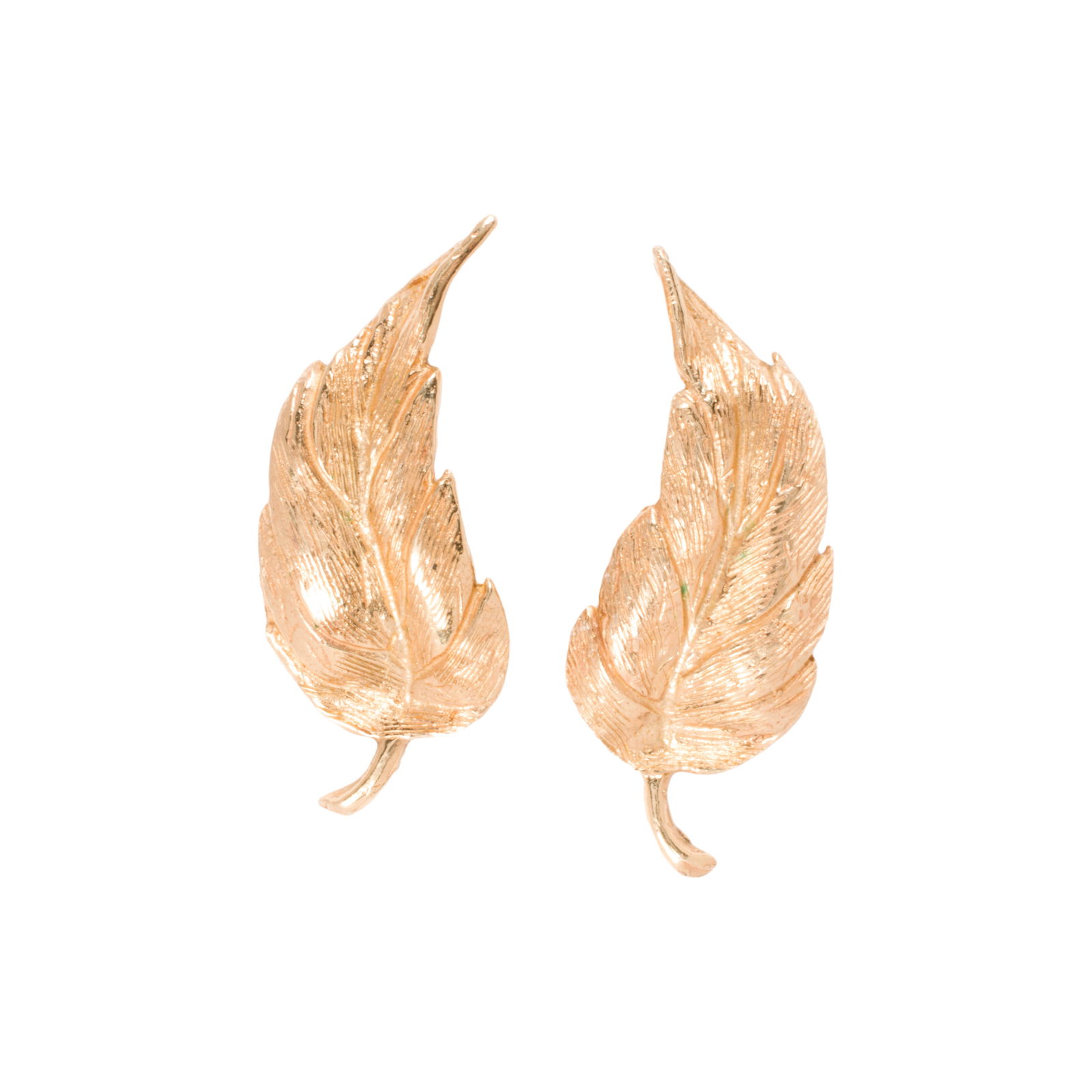 A pair of 14k gold earrings: A pair of 14k gold earringseach designed as a leaf; length: 1 in; 3.0 grams