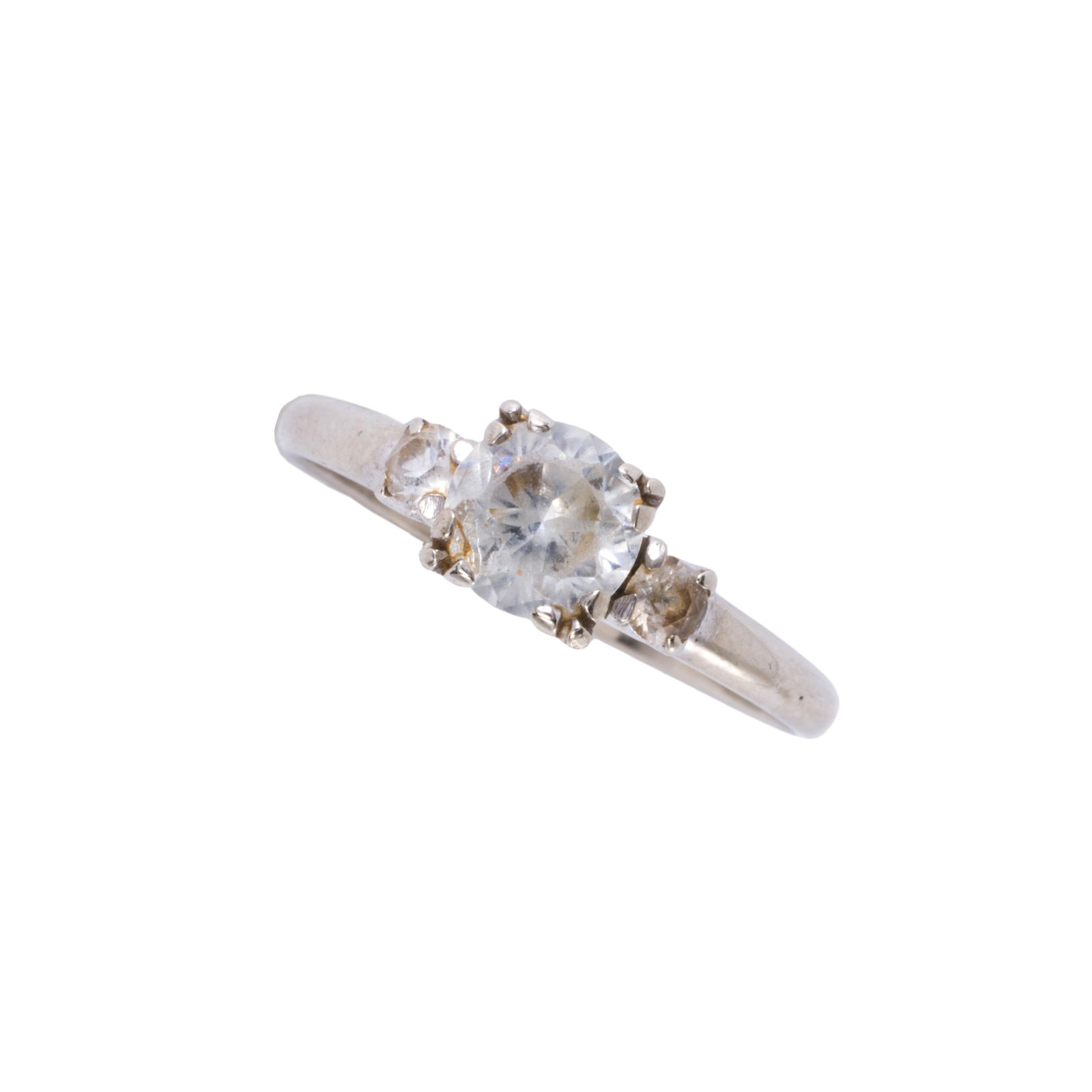 A cubic zirconia and 14k gold ring: A cubic zirconia and 14k gold ringCentering a round-cut cubic zirconia, flanked on either side by one round-cut cubic zirconia; size: 8 1/2 in; 2.10 grams
