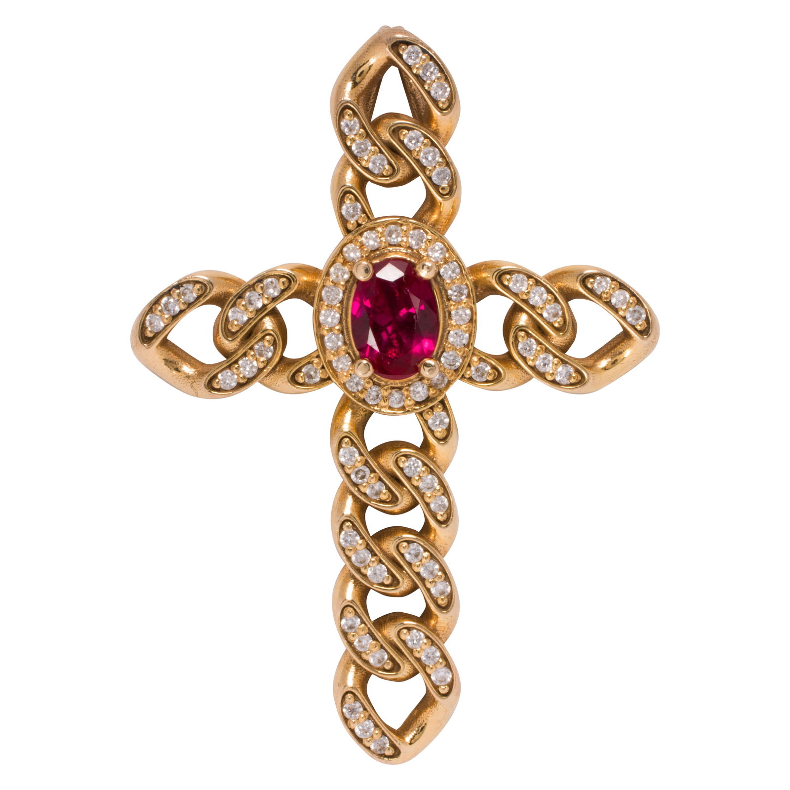 A synthetic ruby, diamond and 14k gold cross pendant (1 of 1)