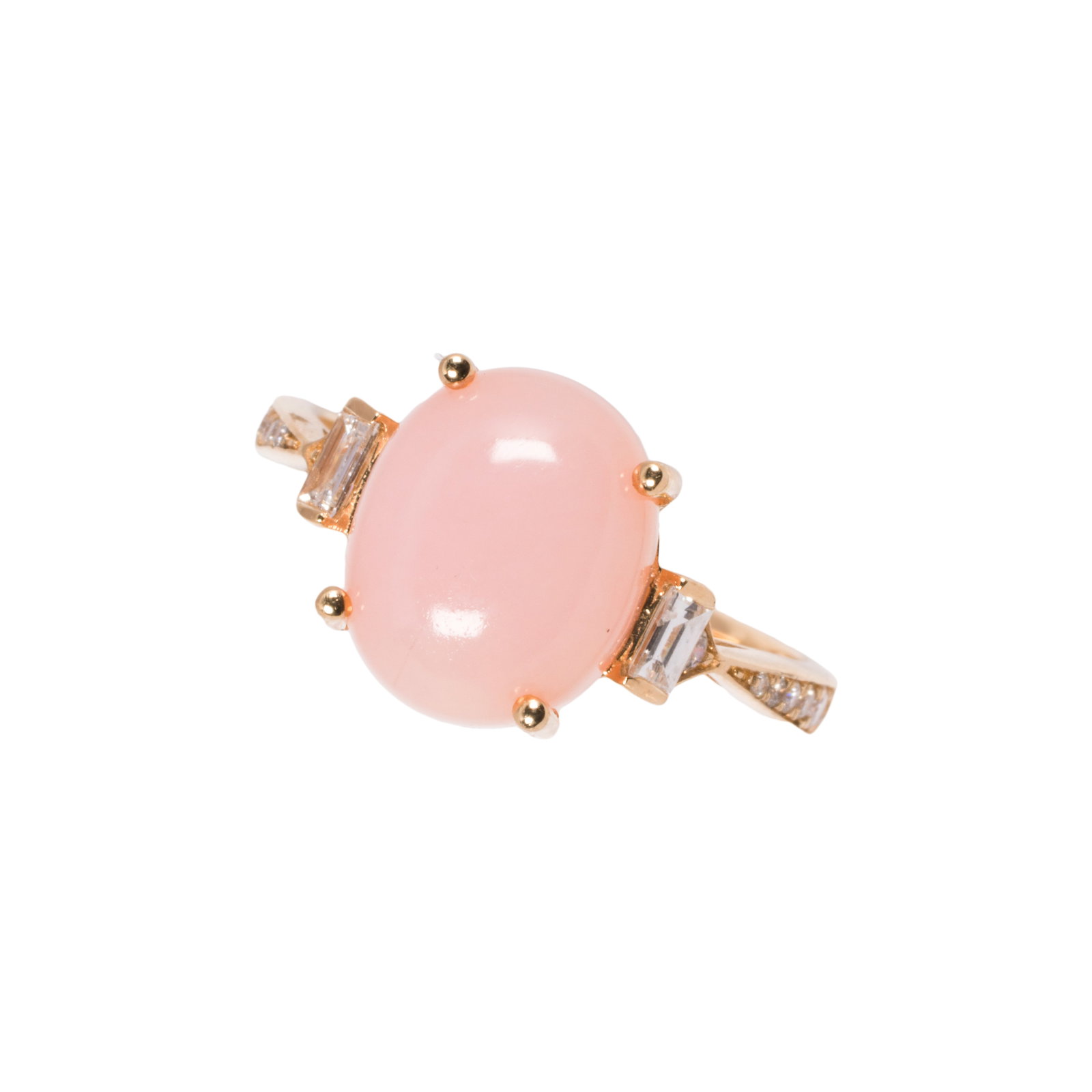 A rose quartz, diamond, and 14k gold ring: A rose quartz, diamond, and 14k gold ringSet with an oval-shaped rose quartz cabochon, framed on either side by one baguette-cut and seven round brilliant-cut diamonds; size 7; 2.75 grams