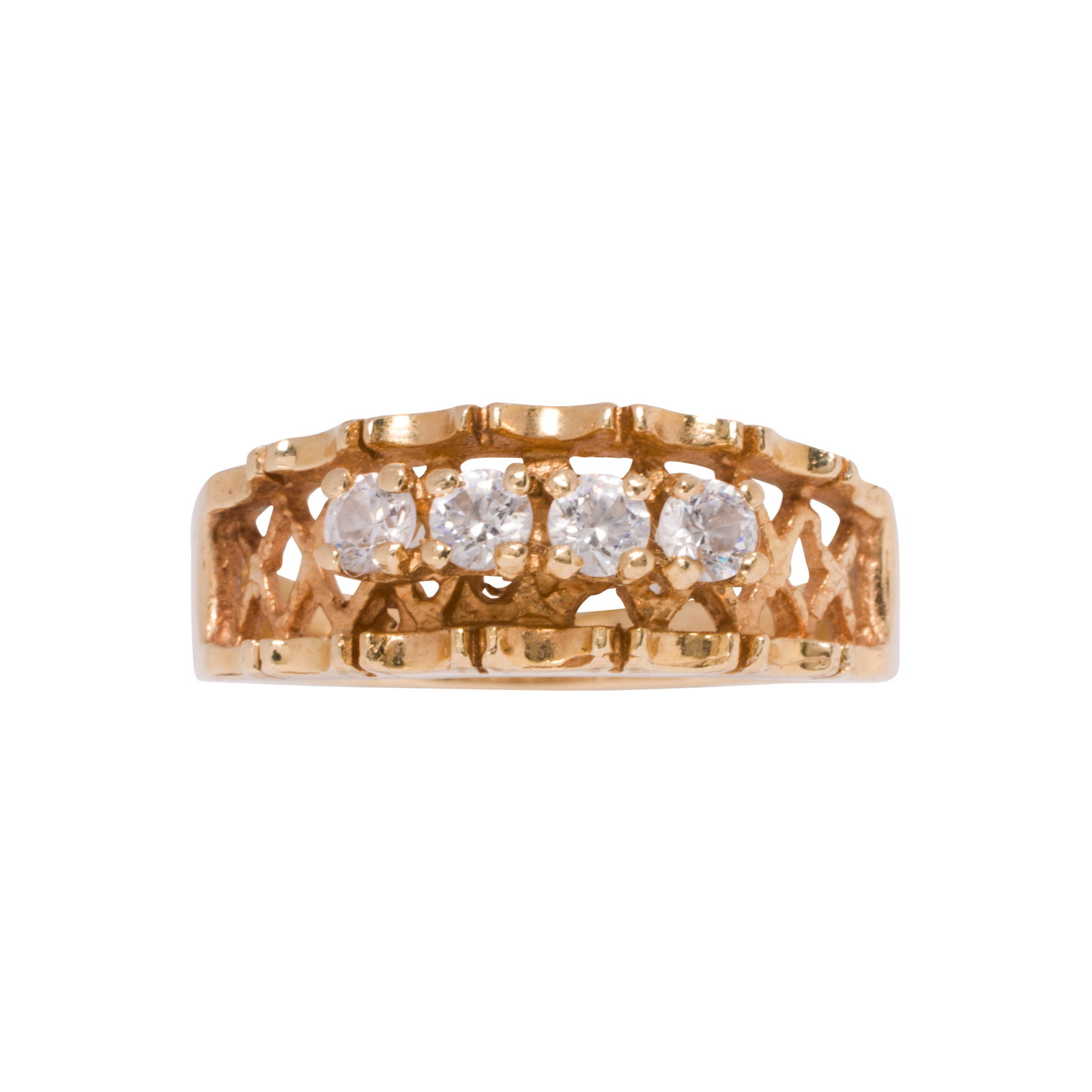A cubic zirconia and 14k gold ring: A cubic zirconia and 14k gold ringDesigned with a repeating diamond weave pattern, accented by a row of four round-cut cubic zirconia; size 9 1/2; 5.35 grams