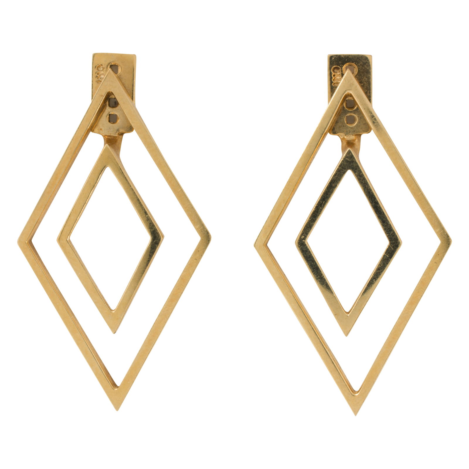 A pair of adjustable 14k gold earrings: A pair of adjustable 14k gold earringsOf geometric design, with removable inner diamond enhancer; length: 1 1/2 in; 9.70 grams