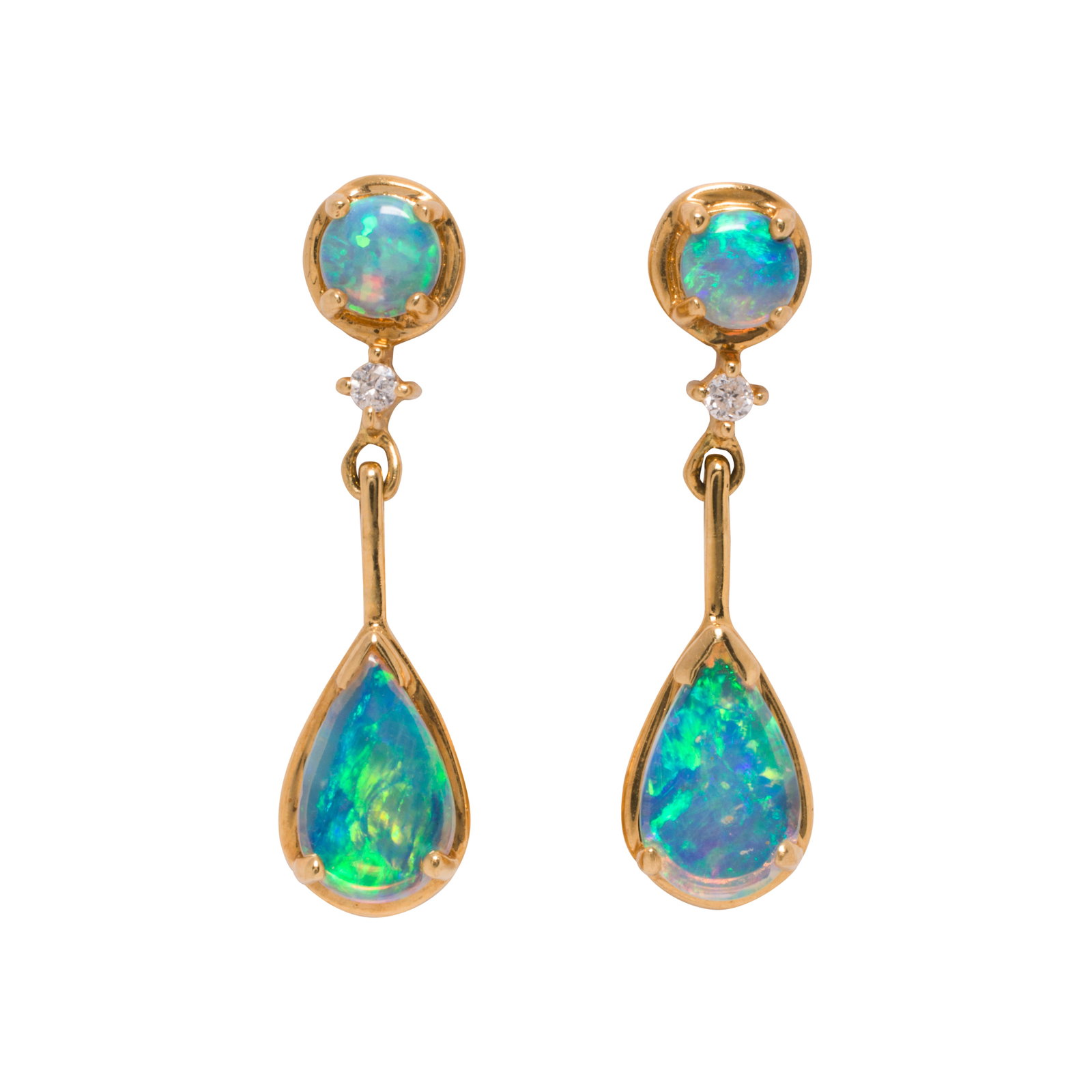 A pair of opal, diamond, and 18k gold earrings: A pair of opal, diamond, and 18k gold earringsFeaturing one round-shaped opal cabochon measuring 3.79 mm, one pear-shaped opal cabochon measuring 8.86 x 5.17 mm, accented by one round brilliant-cut di
