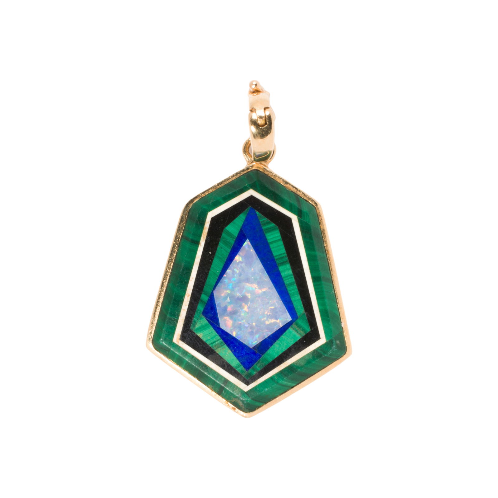 A hardstone and 14k gold pendant: A hardstone and 14k gold pendantOf geometric design, featuring hardstone inlay including malachite and opal; length: 1 1/2 in; 5.70 grams