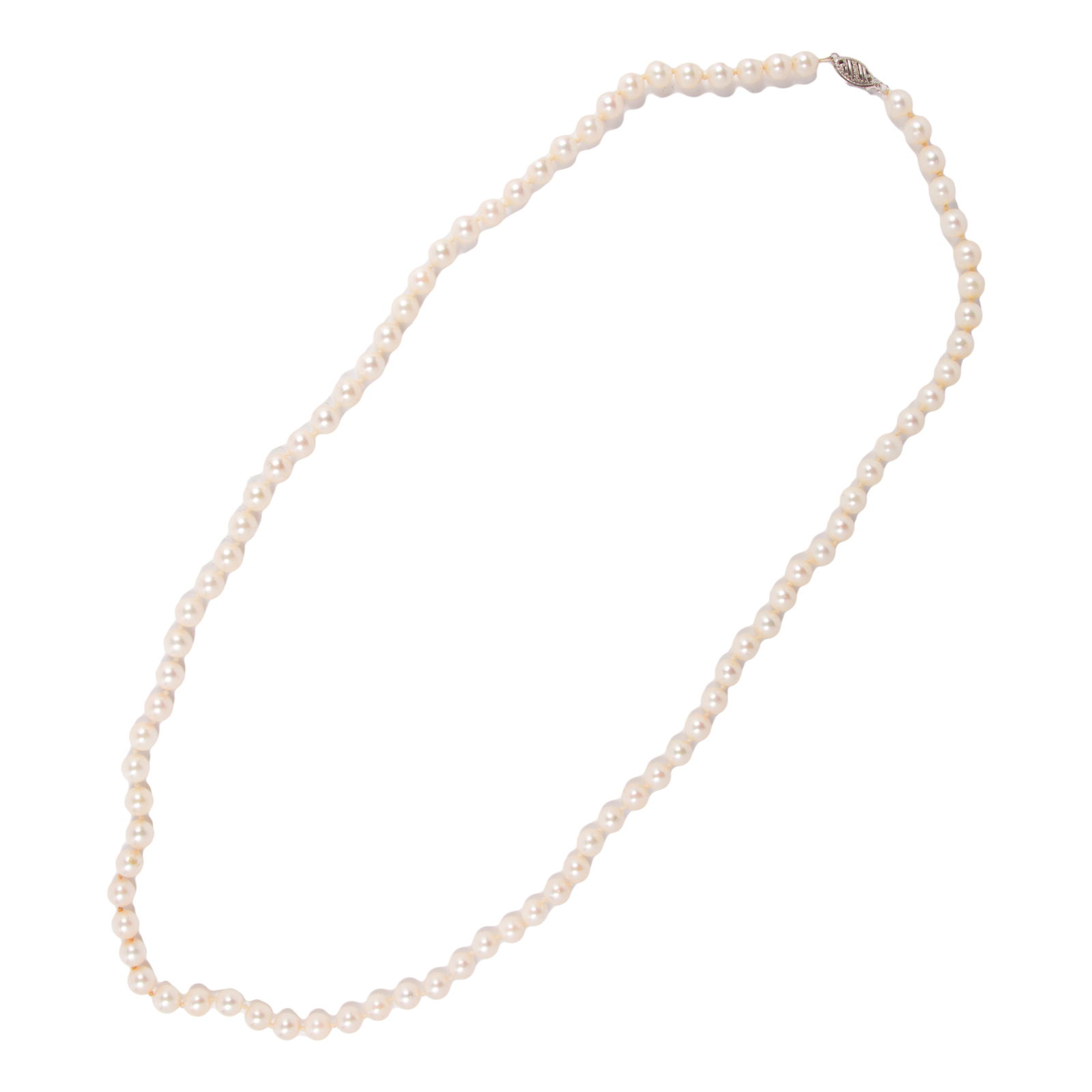 A cultured pearl and 14k white gold necklace: A cultured pearl and 14k white gold necklaceDesigned as a strand of cultured pearls measuring 6.16 mm, on 14k white gold clasp; length: 25 in; 30.05 grams