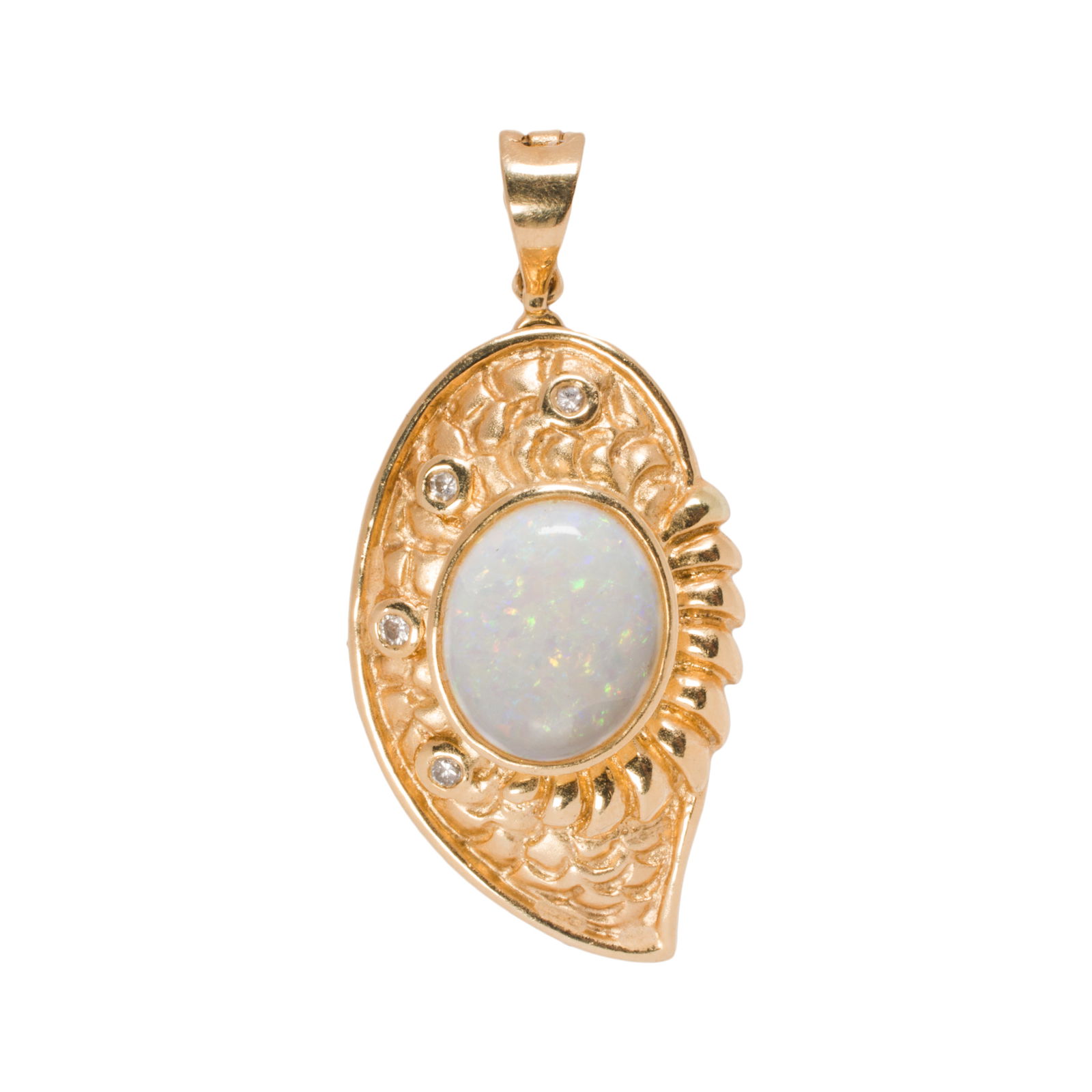 An opal, diamond, and 14k gold ring: An opal, diamond, and 14k gold ringDesigned as an angel wing, centering an oval-shaped opal cabochon measuring 12.46 x 10.61 mm, accented by four round brilliant-cut diamonds; length: 1 1/2 in; 6.80