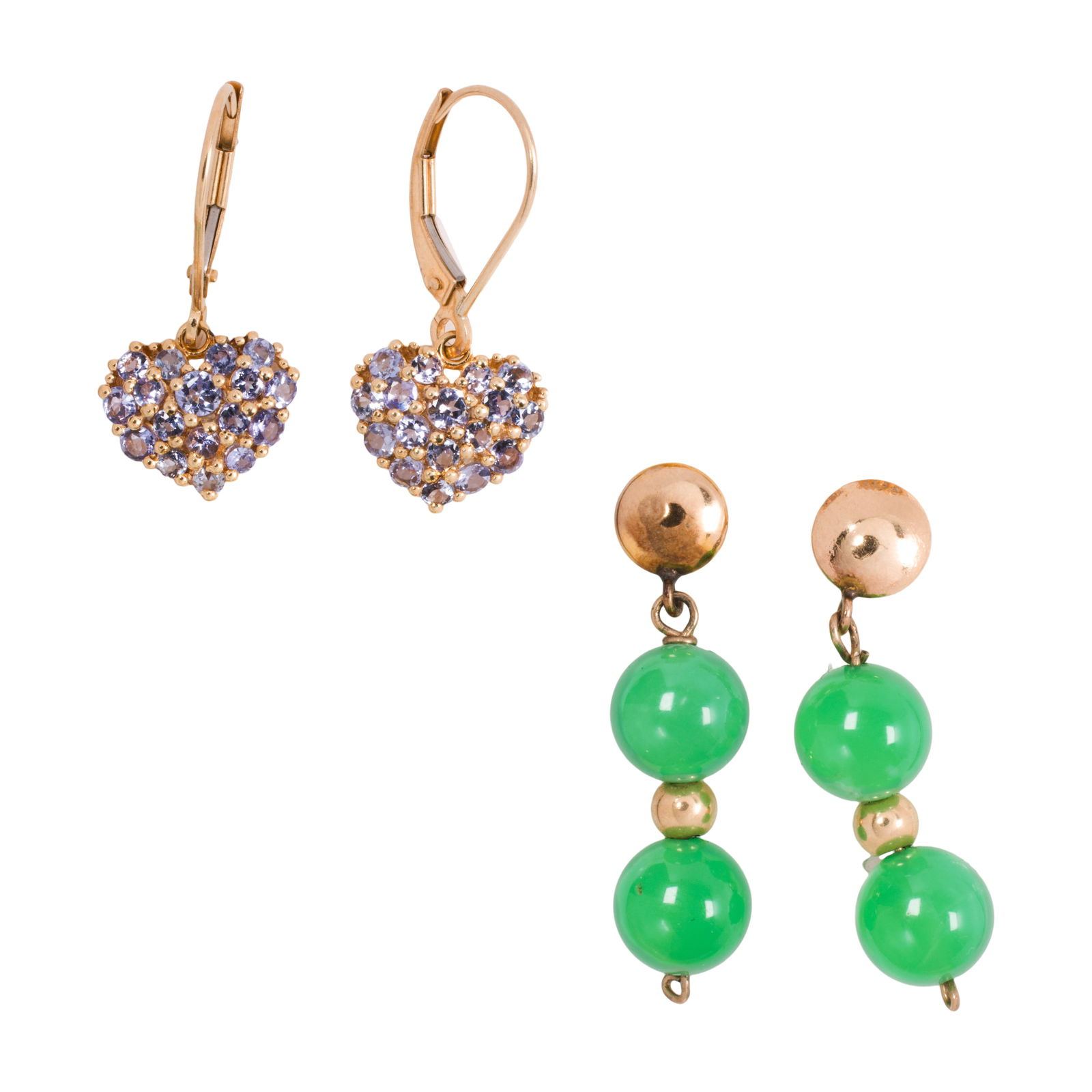 Two pairs of gem-set 14k gold earrings: Two pairs of gem-set 14k gold earringsOne designed with two round-shaped green hardstone beads, interspersed by one 14k gold bead measuring 3.87 mm, together with one designed as hearts, set with 18