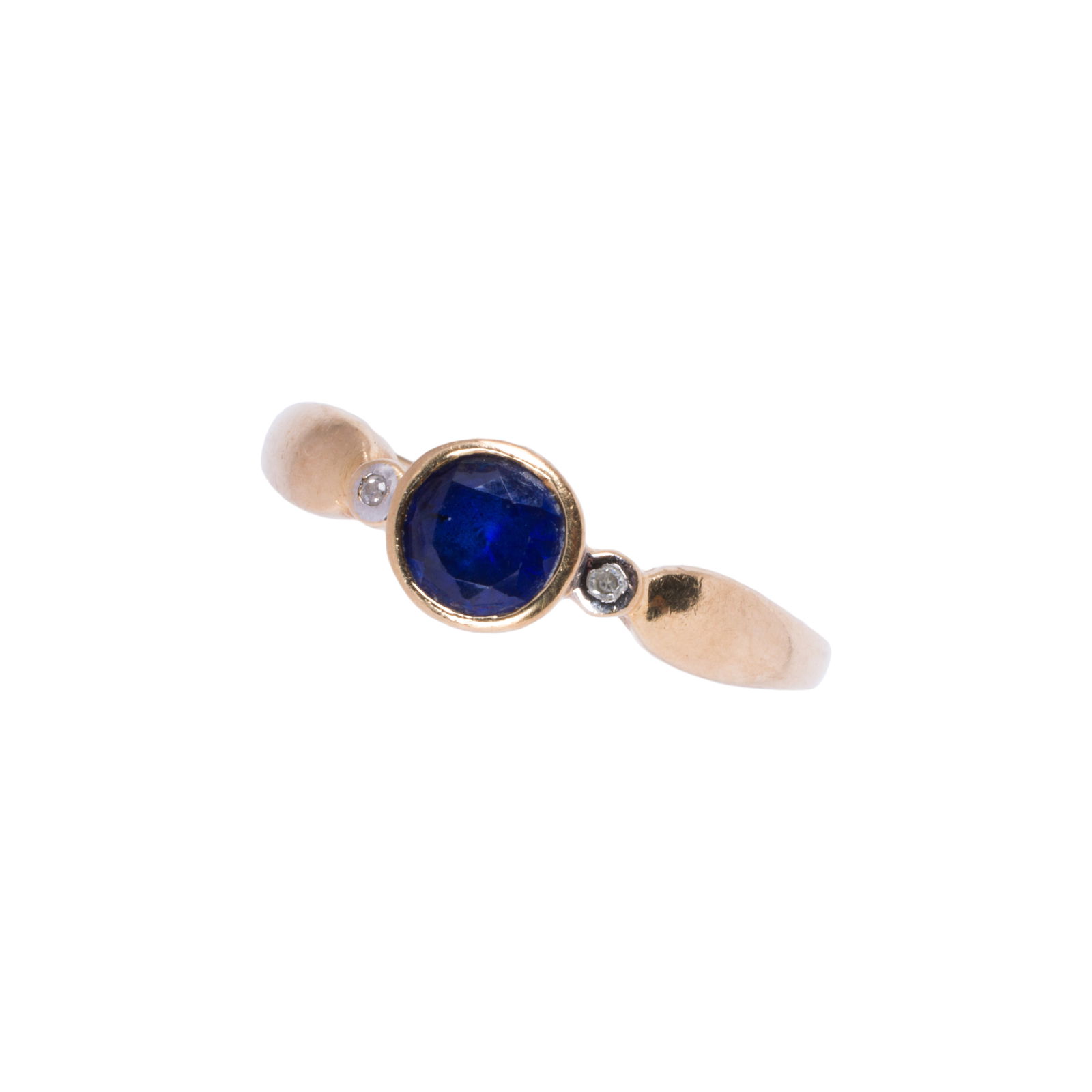 A sapphire, diamond and 10k gold ring: A sapphire, diamond and 10k gold ringcentering a circular-cut sapphire weighing approximately 0.60 carats flanked by single-cut diamonds; size: 7 1/4; 2.0 grams