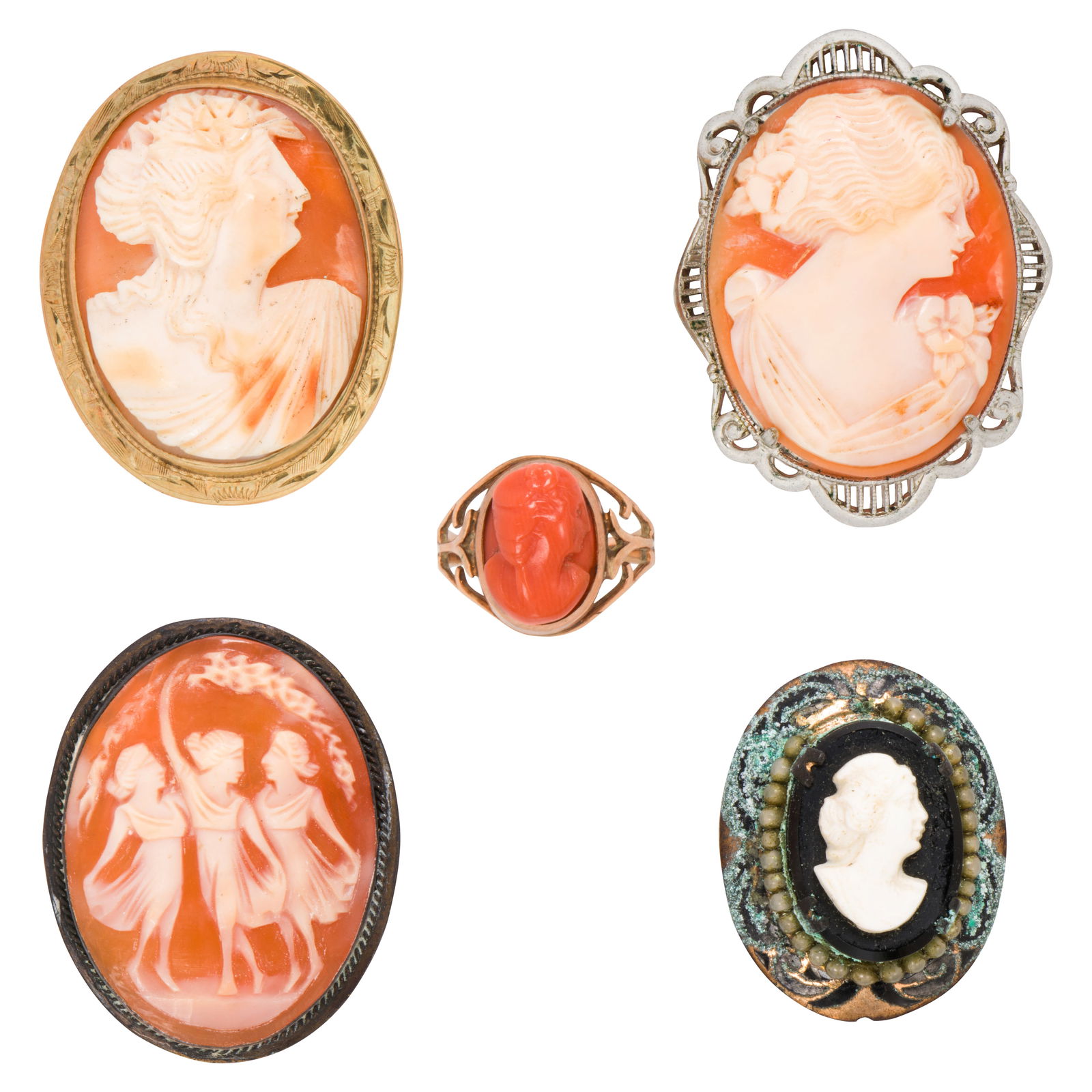 Five cameo brooches and a 10k gold ring (1 of 2)