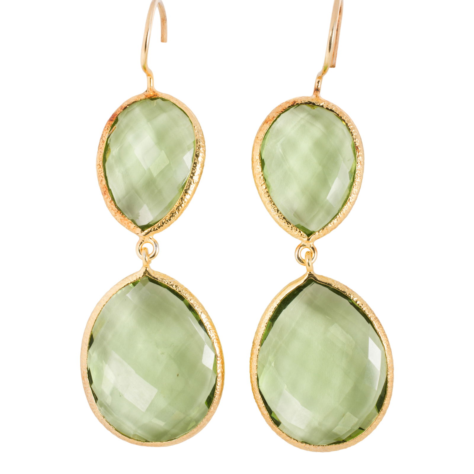 A pair of green quartz and silver earrings: A pair of green quartz and silver earringseach featuring two checkerboard-cut green quartz; length 2 1/2 in; 15.90 grams
