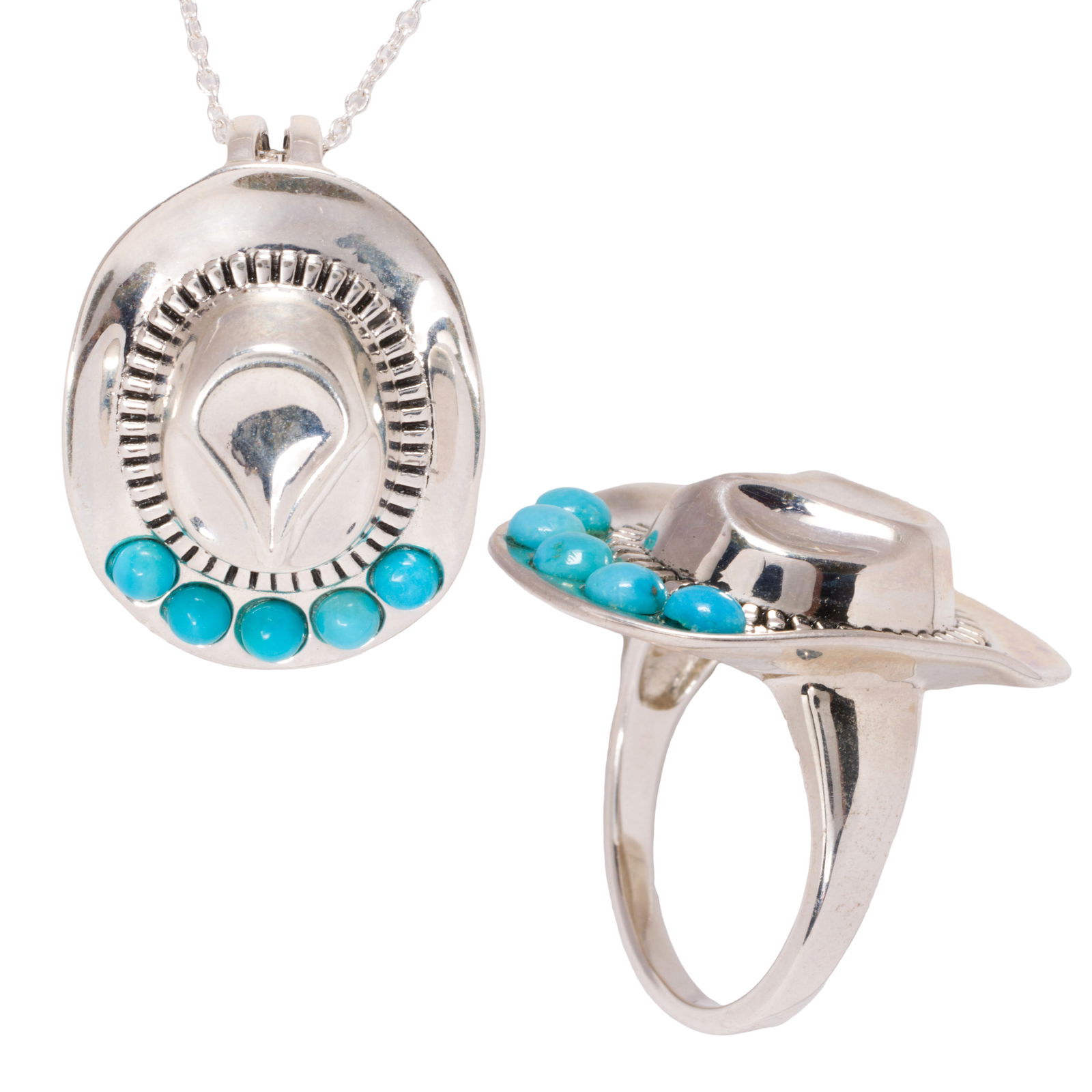 A sterling silver and turquoise necklace and ring cowboy hat set: A sterling silver and turquoise necklace and ring cowboy hat setThe ring and pendant necklace designed as cowboy hats set with five round-shaped turquoise cabochons measuring 3.66 mm; pendant length: