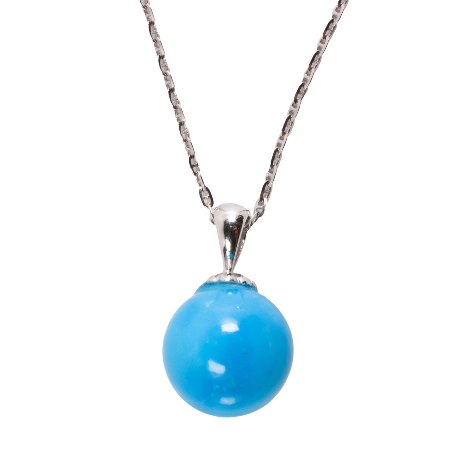 A turquoise and 14k white gold pendant necklace: A turquoise and 14k white gold pendant necklacefeaturing a turquoise bead measuring approximately 11.05 mm, in diameter, suspending from gucci-link chain; chain length: 18 in; 3.3 grams