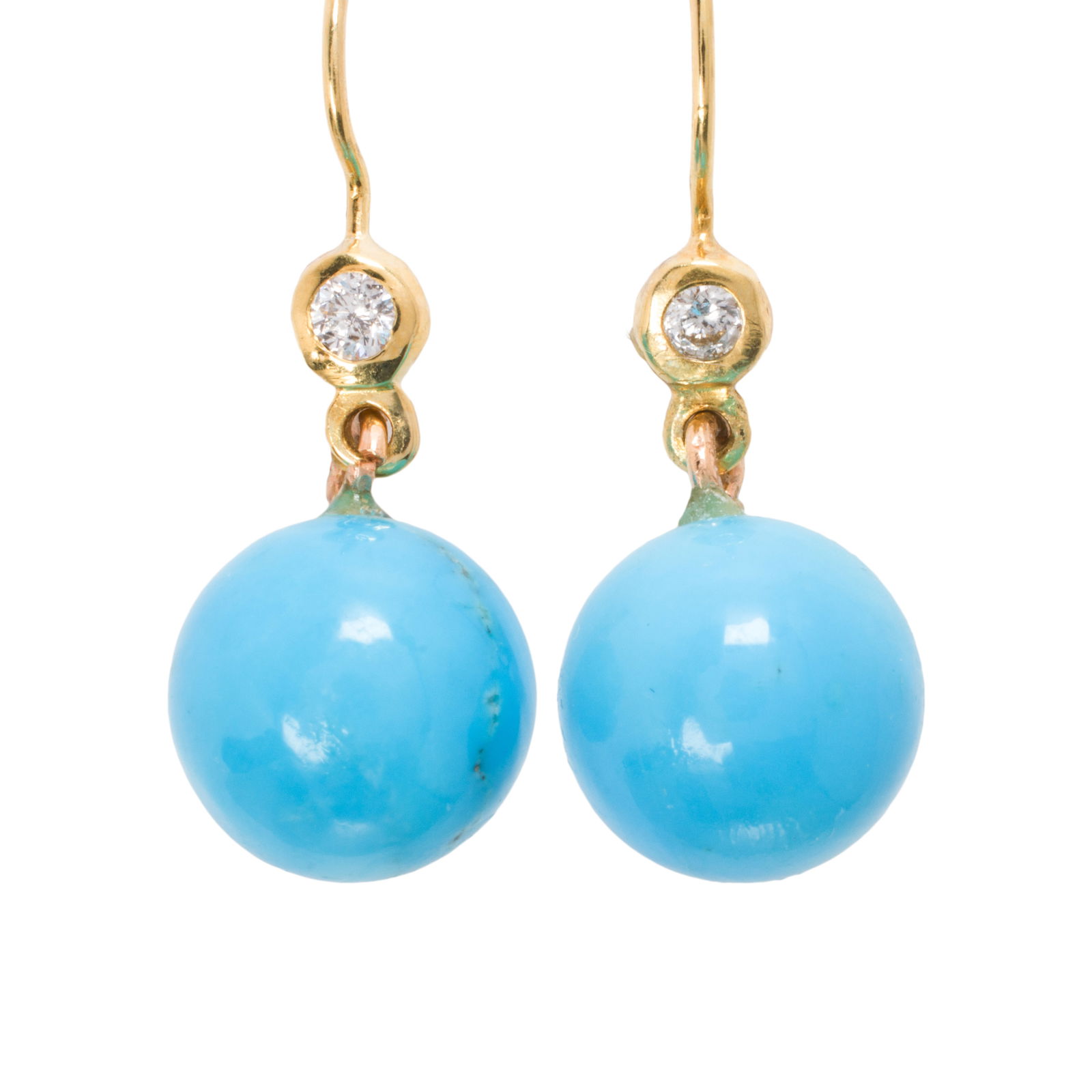 A pair of diamond, turquoise, and 18k gold earrings: A pair of diamond, turquoise, and 18k gold earringsFeaturing round-shaped turquoise beads measuring 10.98 mm, with round brilliant-cut diamond surmount; length: 1 1/4 in; 5.00 grams