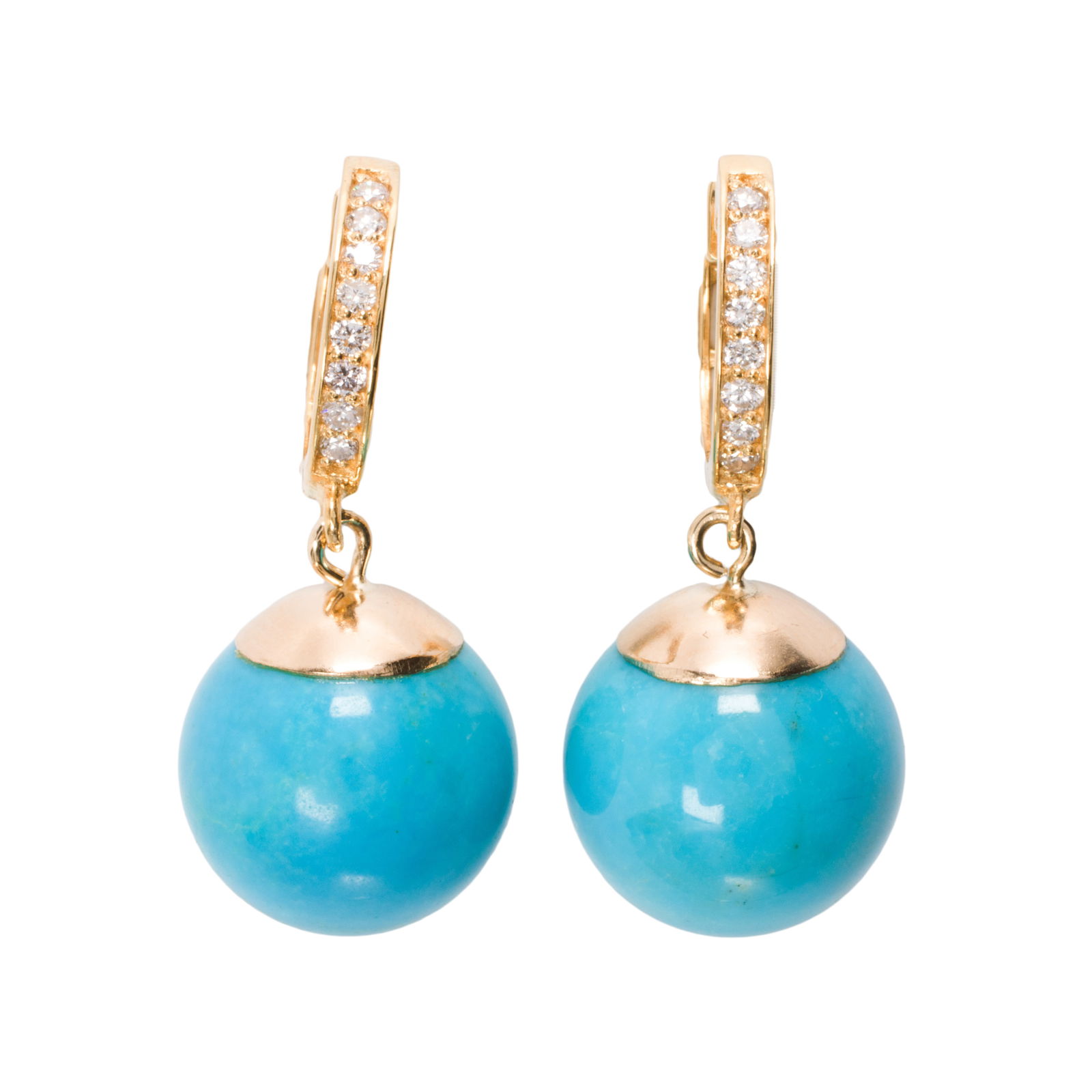 A pair of turquoise, diamond and 18k gold earrings: A pair of turquoise, diamond and 18k gold earringseach featuring a turquoise bead measuring approximately 12.05 mm in diameter; suspended from a diamond set huggie; estimated total diamond weight