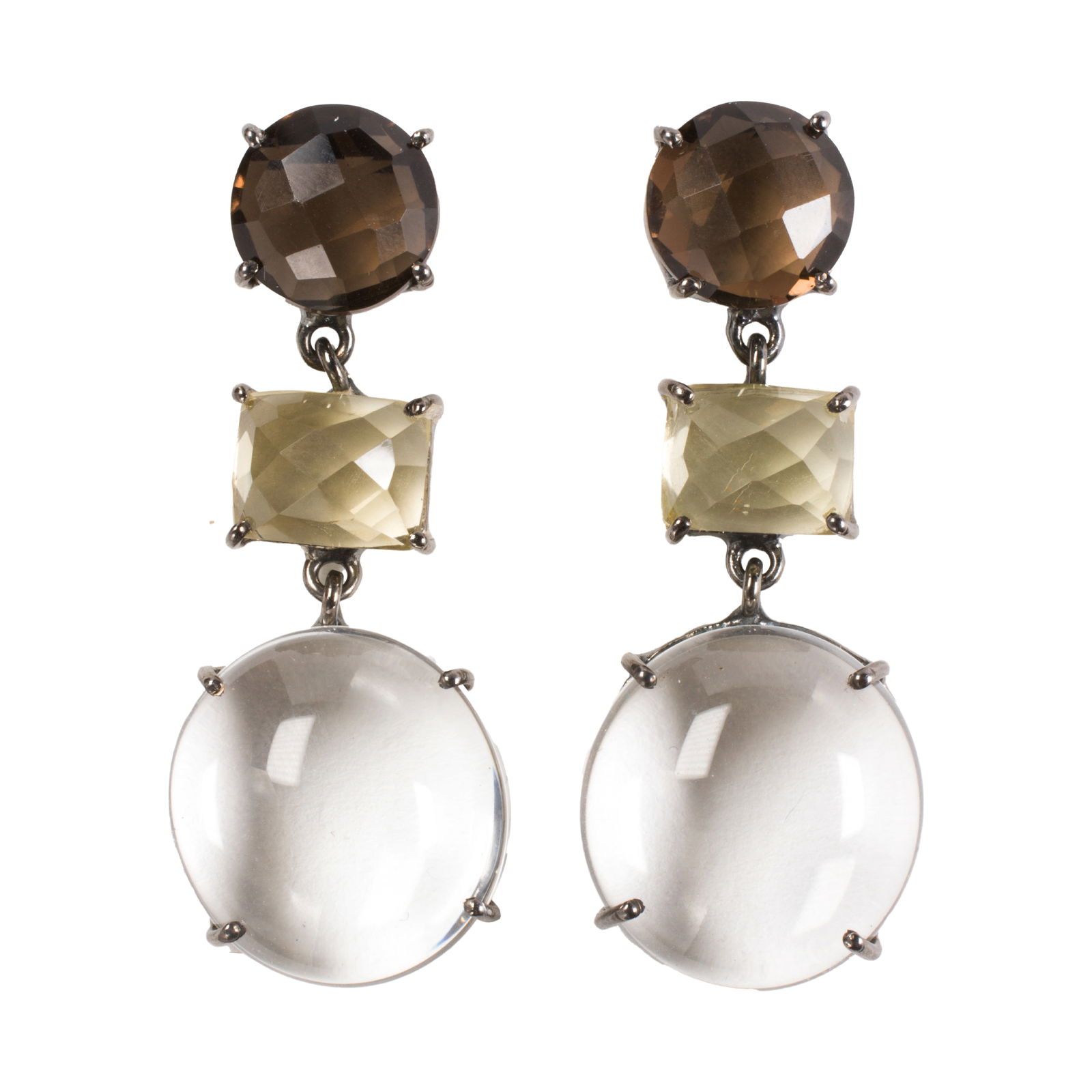 A pair of quartz and blackened silver jewelry: A pair of quartz and blackened silver jewelryDesigned with three multi-color quartz stones of varying sizes set within blackened silver; length: 1 3/4 in; 17.00 grams