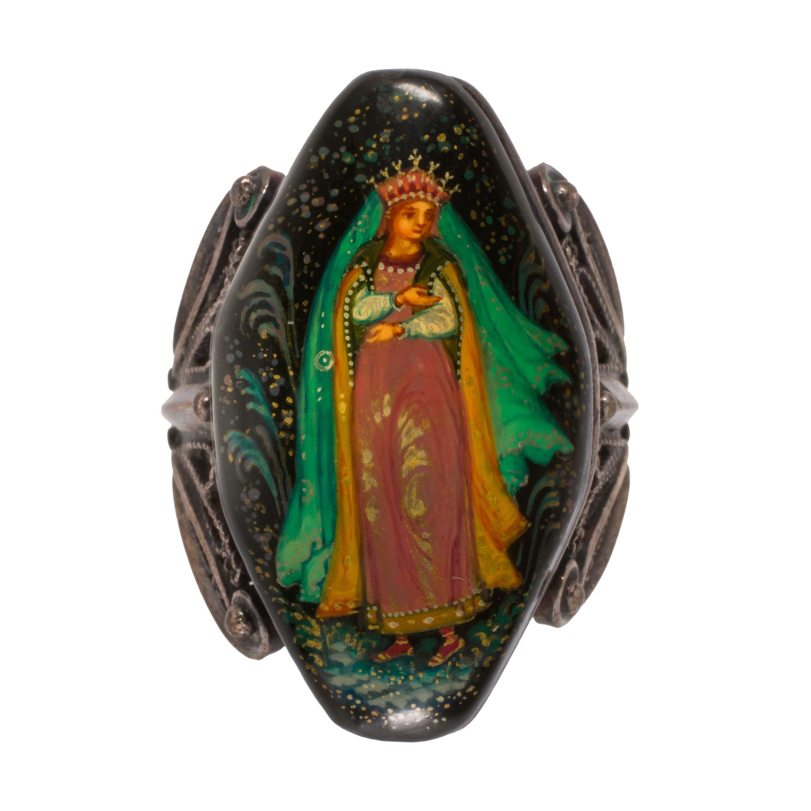 A silver and lacquer Palekh Russian Virgin Mary ring, 1993: A silver and lacquer Palekh Russian Virgin Mary ring, 1993Featuring a lacquer painting of the Virgin Mary with silver filigree band; size 8; 9.60 grams