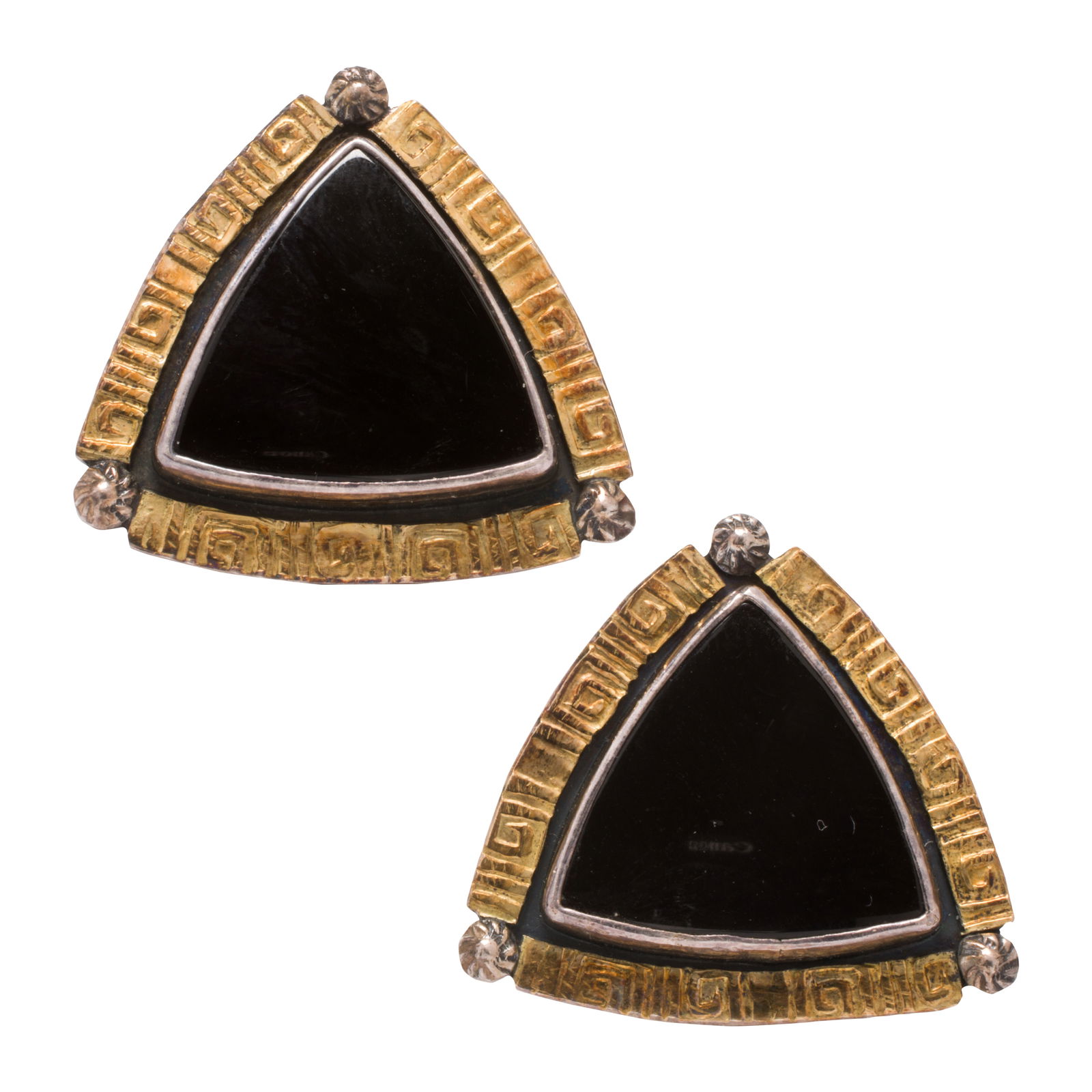 A pair of onyx, silver, and 18k gold cufflinks: A pair of onyx, silver, and 18k gold cufflinksEach centering a triangular-shaped onyx tablet measuring approximately 15.12 x 15.20 mm, accented by a thin layer of 18k gold embellishment; length: 1