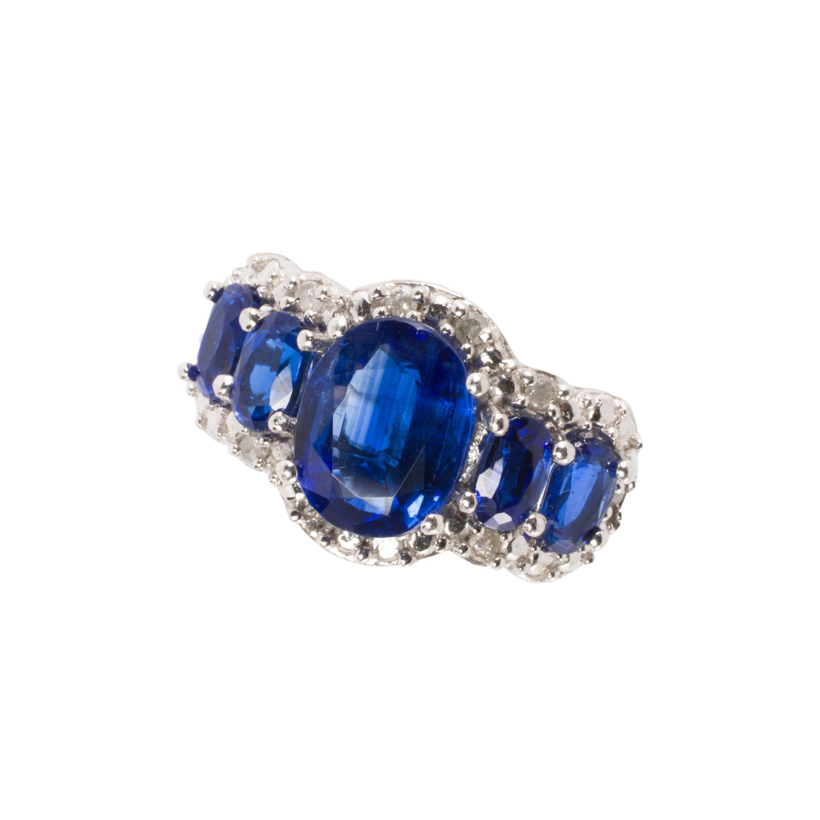 A sapphire, diamond, and sterling silver ring: A sapphire, diamond, and sterling silver ringFeaturing five oval-cut sapphires framed within channels of round-cut diamonds; total sapphire weight: 3.50 grams; size 7; 5.70 grams