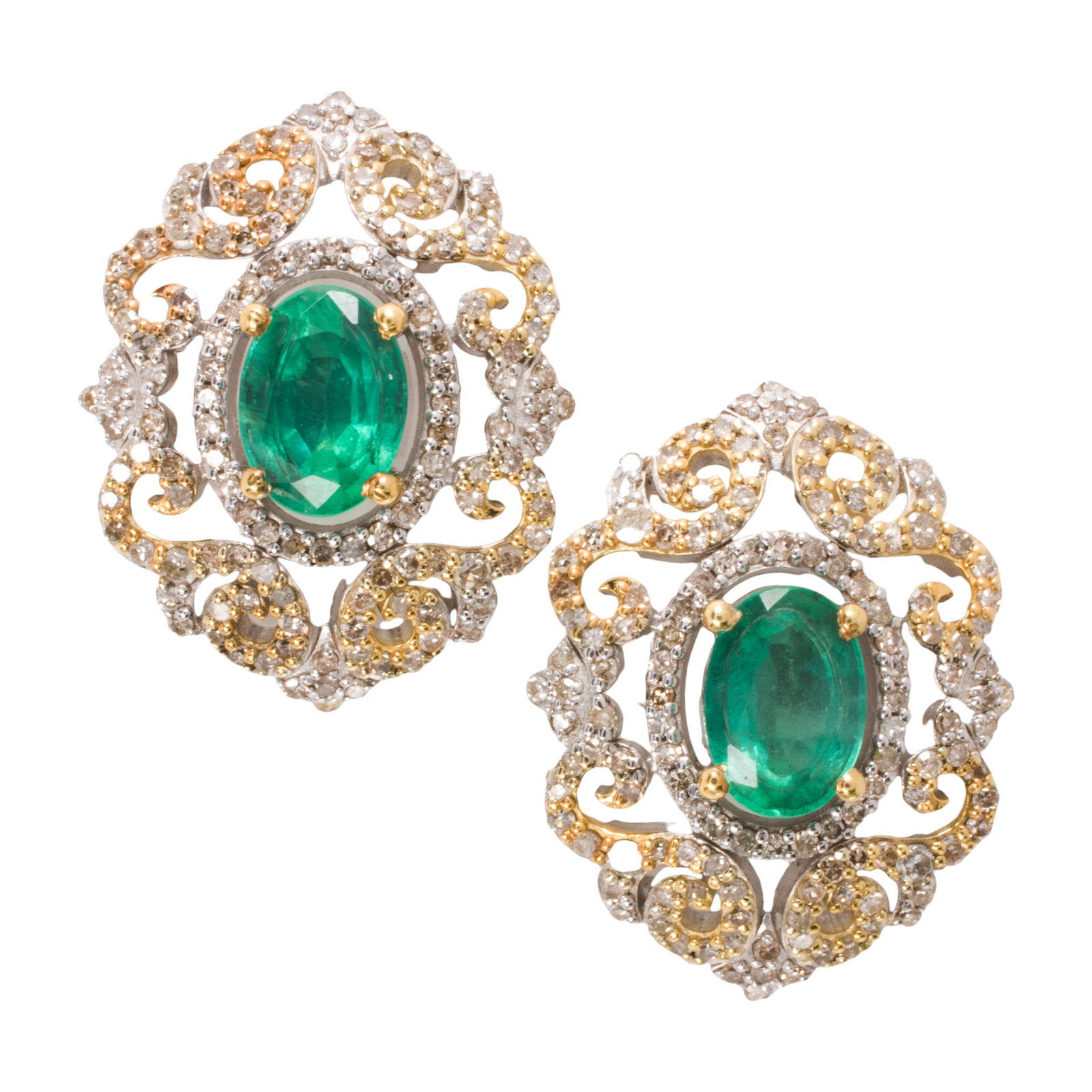A pair of emerald, diamond, and silver earrings: A pair of emerald, diamond, and silver earringseach centering an oval-cut emerald weighing approximately 1.15 carats in total, accented by single-cut diamonds; estimated total diamond weight: 0.80 car