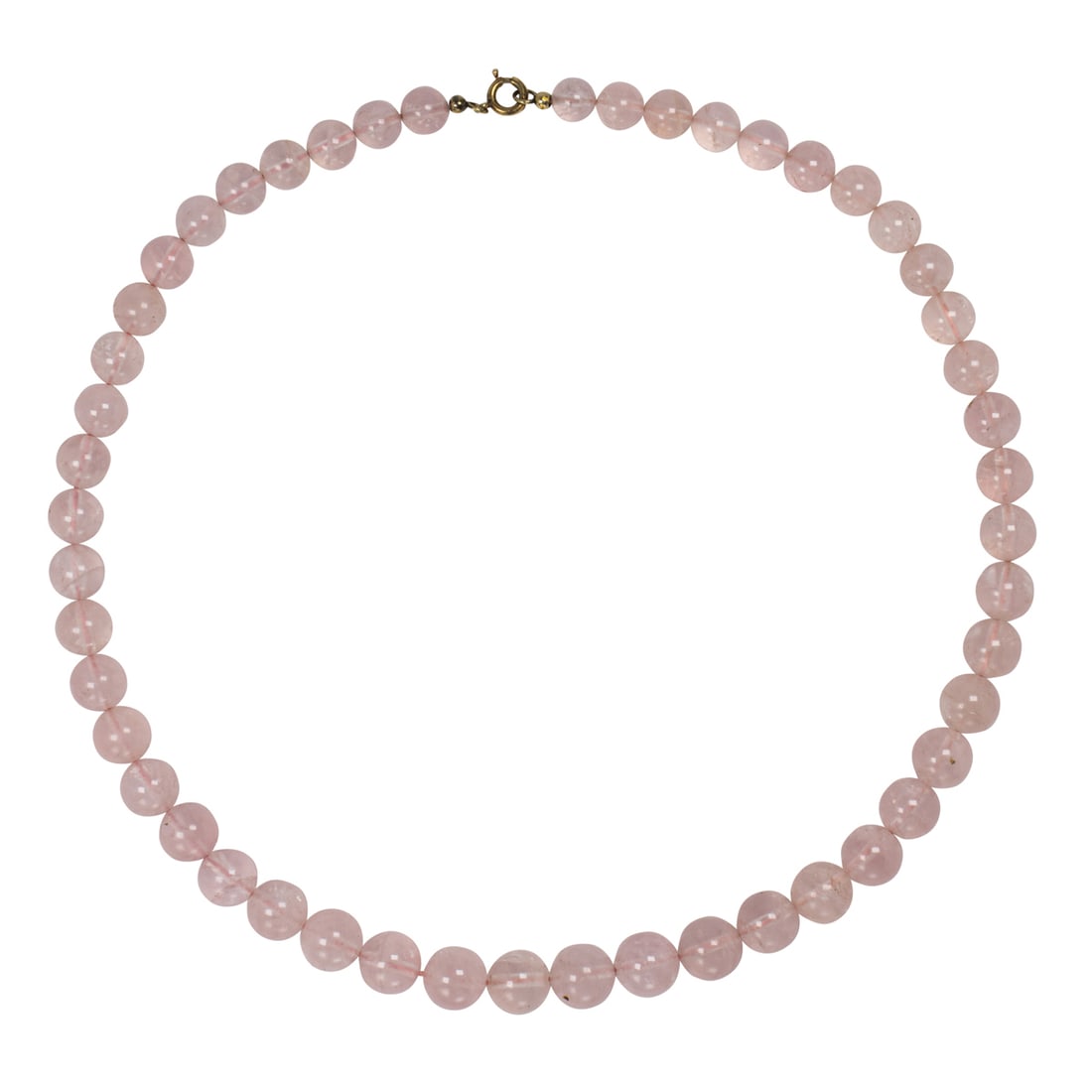 A beaded rose quartz and 14k gold necklace: A beaded rose quartz and 14k gold necklaceDesigned with round rose-quartz beads measuring approximately 7.30 mm to 10.72 mm; length: 18 in; 53.55 grams