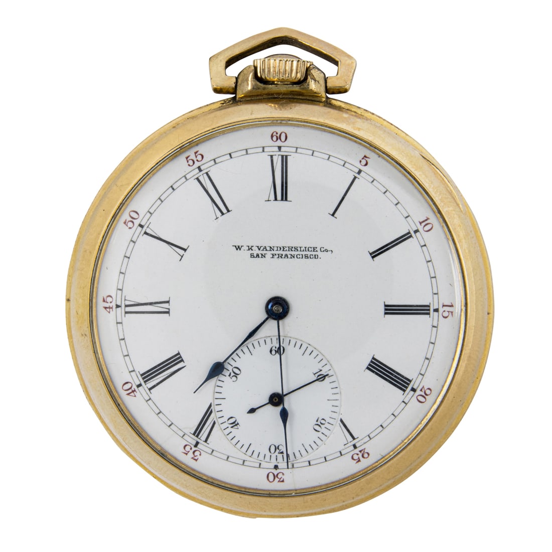 A W.K. Vanderslice gold plated pocket watch: A W.K. Vanderslice gold plated pocket watchCase no.: 8210885Movement no.: 19059945The white tone face, black Roman indices, black breguet hands, subsidiary dial, within gold plated case, containing a