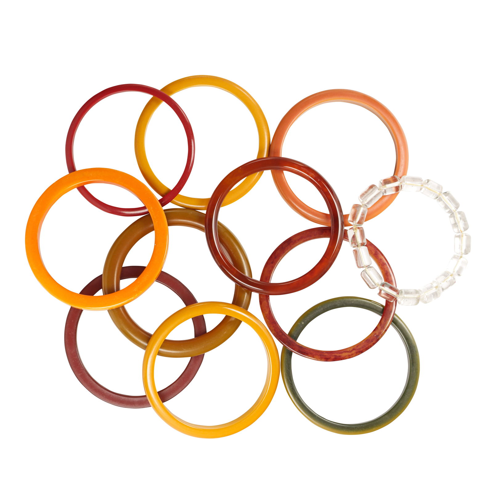 A group of bakelite bangle bracelets: A group of bakelite bangle braceletscomprising 9 bakelite bracelets of varied color and size: 119.50 gross grams