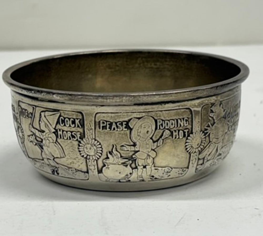 An American McChesney Co Sterling Child's Bowl: An American McChesney Co sterling child's bowl with childrens fiction character reserves such as Jack & Jill, Simple Simon and others engraved 'James Hoyt Noyes, March 29th, 1927' 4.25"dia. 2.99 troy