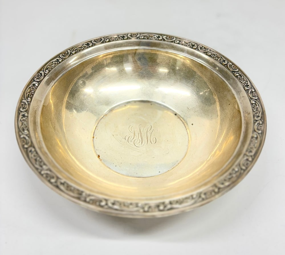 A Gorham Sterling Bowl with Repousse Border: An American Gorham sterling bowl with repousse border, monogrammed, 9.5"dia. 8.80 troy oz