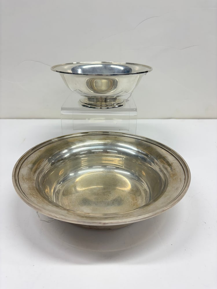 Two American Sterling Bowls: Two sterling bowls, comprising (1) S. Kirk and Son bowl, with (1) James Allen and Co. footed bowl, inscribed 'Alma' to the center, 2.75"h x 8"dia. 23.06 troy oz. [2 total]