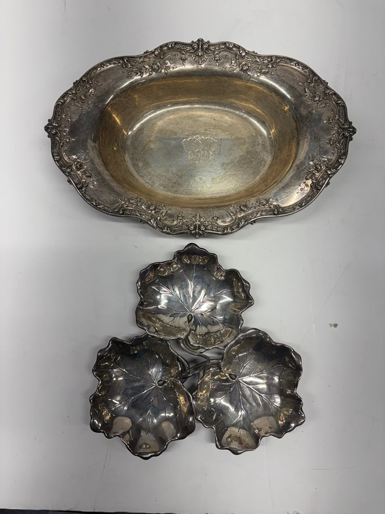 A Sterling Bowl with a Three-leaf Form Nut Dish: A sterling bowl with a three-leaf form nut dish, the bowl monogrammed, 13"; together with (1) Reed and Barton three-leaf nut dish, 9"dia. 22.93 troy oz. [2 total]