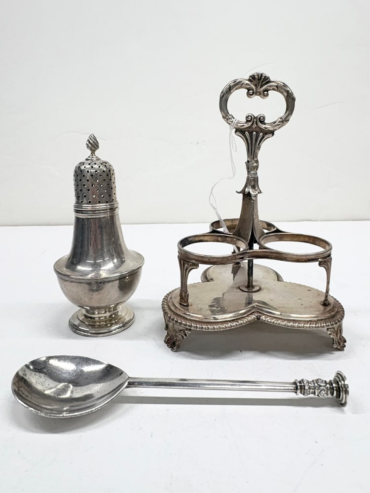 A Group of 19th and Early 20th Century English Sterling Table Articles: A group of English sterling table articles, comprising (1) Edward Farrell, London,1832 cruet stand (bottle inserts not present), 8"h; (1) Thomas Levesley, London,1900 sugar caster, 6"h; with (1)