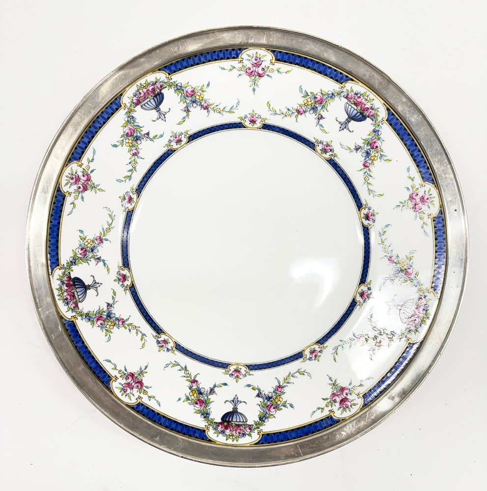 A Royal Worcester Rosemary Pattern Porcelain Tray with Sterling Rim: A Royal Worcester Rosemary pattern porcelain tray with sterling rim, 11.375"dia