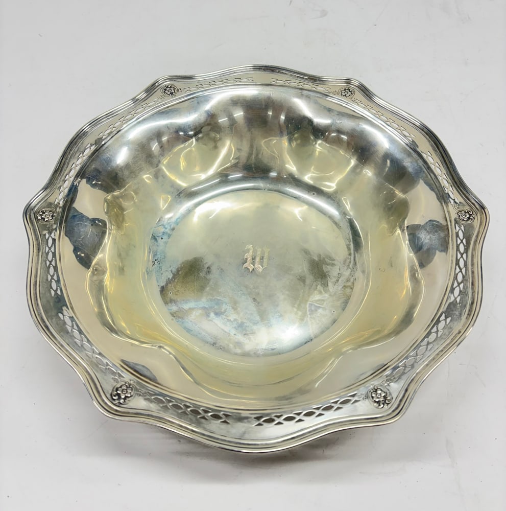 A Frank Whiting and Co Sterling Bowl: A Frank Whiting and Co Sterling Bowl with reticulated border, monogrammed 'W', 10.25"dia. 8.68 troy oz