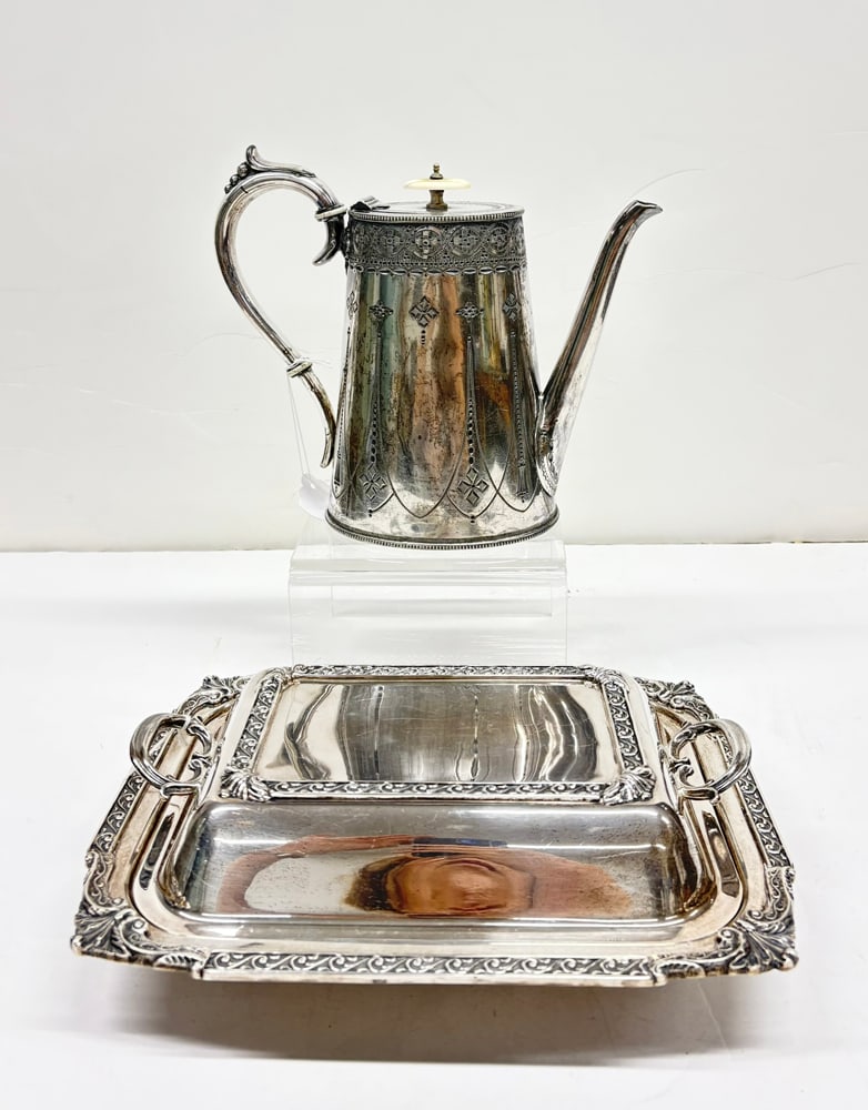 An American Sterling Covered Serving Dish and a Silverplate Coffee Pot: An American sterling covered serving dish, with a silverplate coffee pot, the covered dish 11.25"l; the silverplate coffee pot, 8.5"h, 47.08 troy oz sterling [2 total]